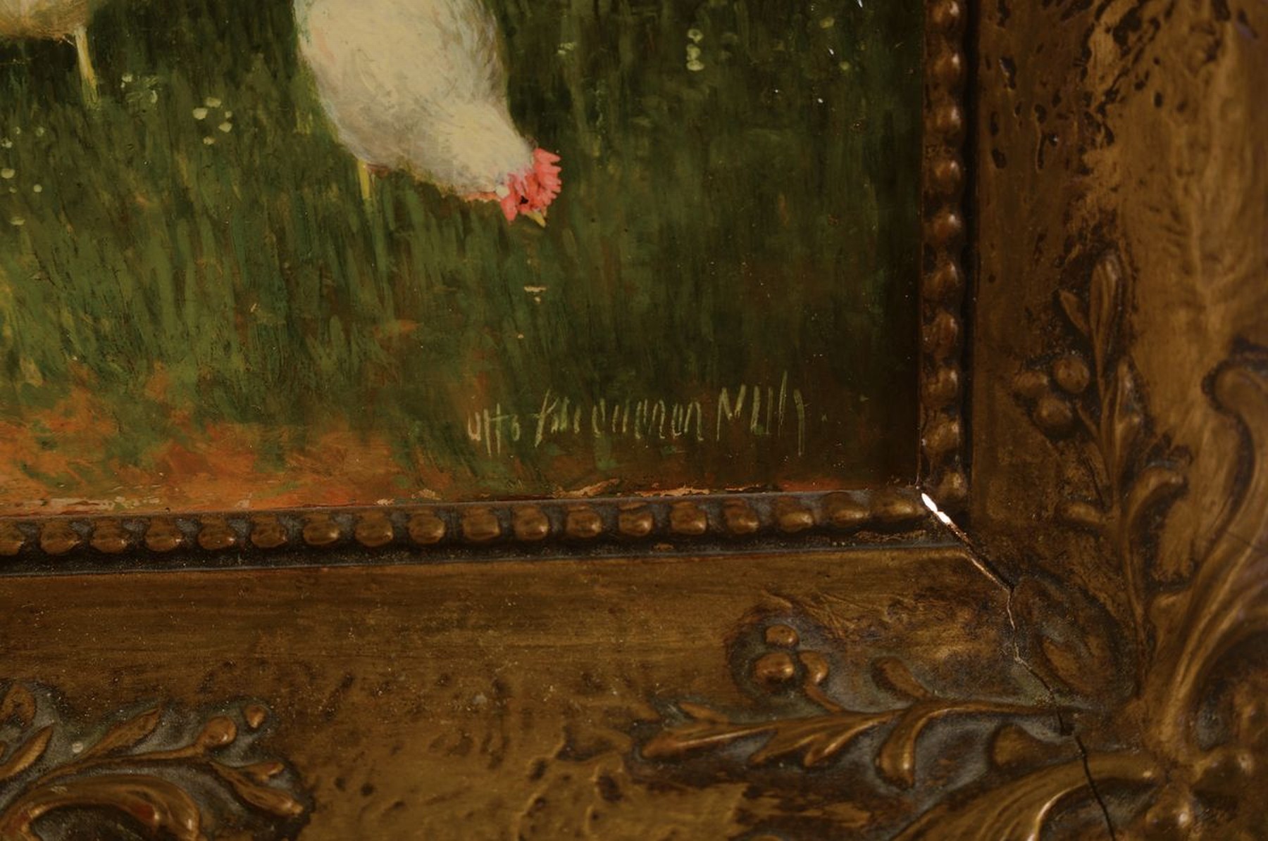 Detail b: Otto Scheuerer, 1862-1934 München, 2 Arbeiten in Öl/Holz: Enten mit Küken auf einem Waldweiher und Hahn und Hühner im Hof, beide signiert, je ca. ...