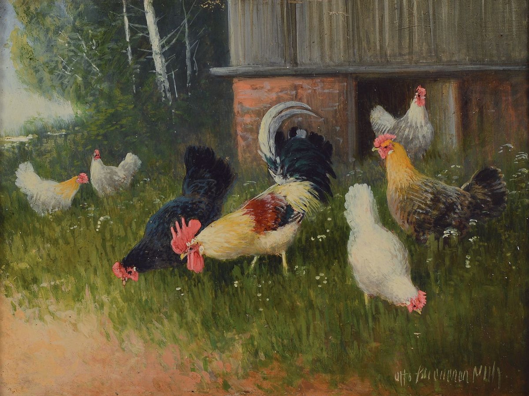 Detail c: Otto Scheuerer, 1862-1934 München, 2 Arbeiten in Öl/Holz: Enten mit Küken auf einem Waldweiher und Hahn und Hühner im Hof, beide signiert, je ca. ...