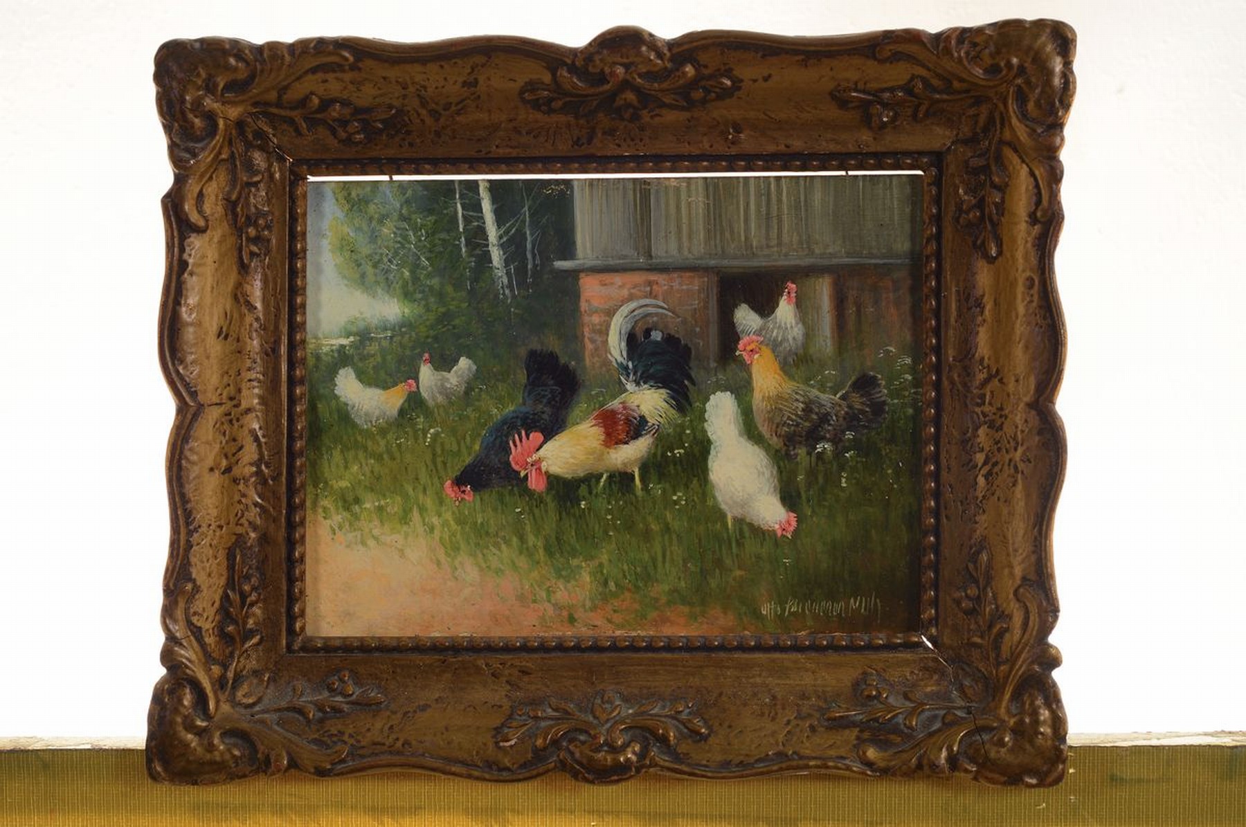 Detail n: Otto Scheuerer, 1862-1934 München, 2 Arbeiten in Öl/Holz: Enten mit Küken auf einem Waldweiher und Hahn und Hühner im Hof, beide signiert, je ca. ...