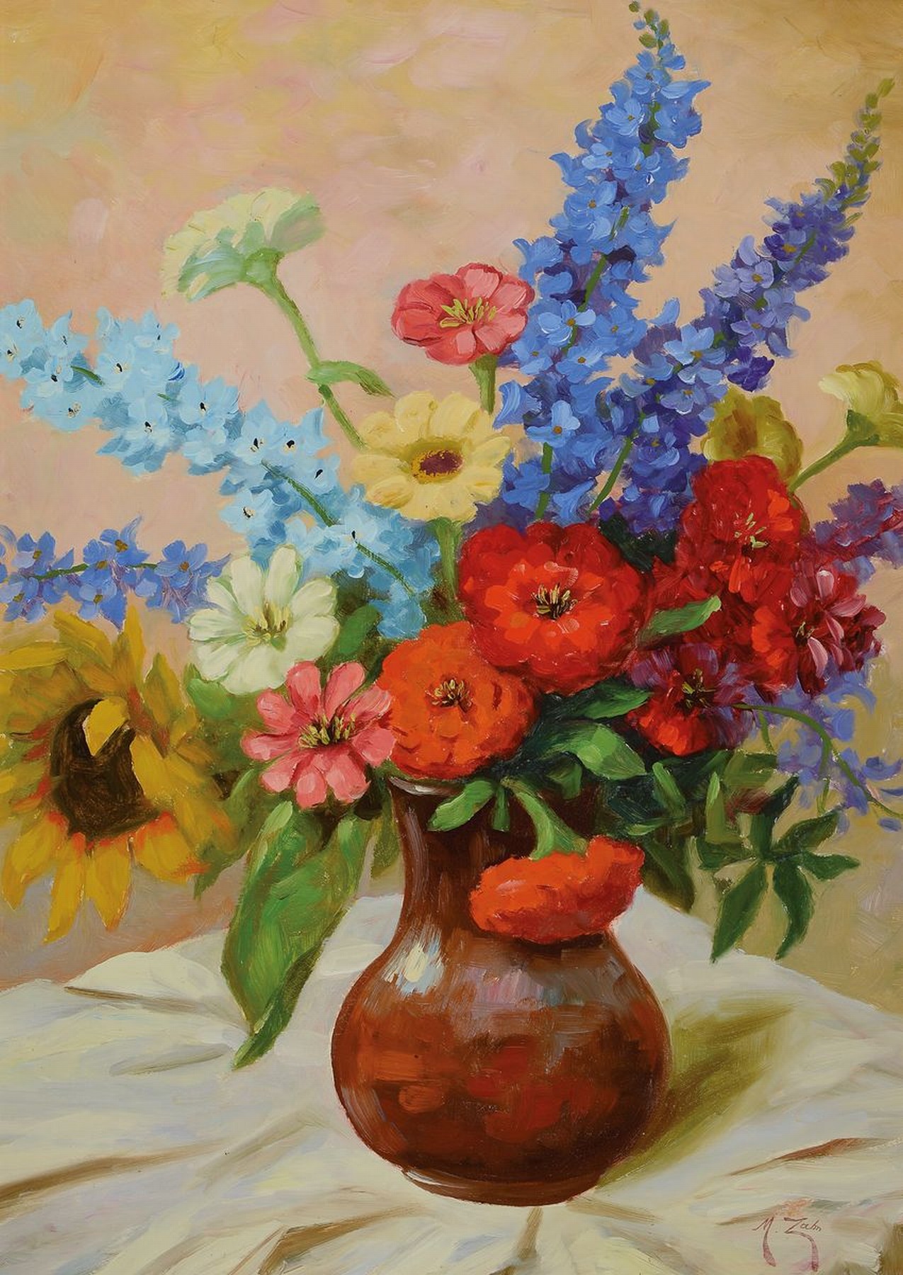 M. Zahn, Maler des frühen 20. Jh., Blumenstillleben, Öl/Hartfaser, rechts unten signiert, ca. 70x50cm, R. ca. 88x67cm, ehemals aus dem Besitz des ...