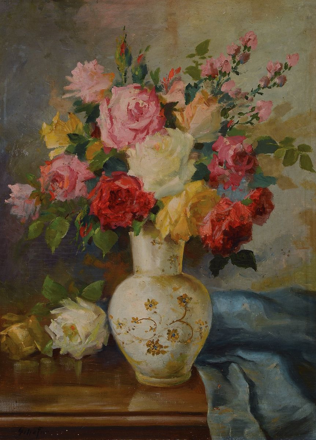 Schäfer, deutscher Maler, um 1900, Stillleben mit Rosen, Öl/Holz, links unten signiert, ca. 50x36cm, R. ca. 67x53cm
