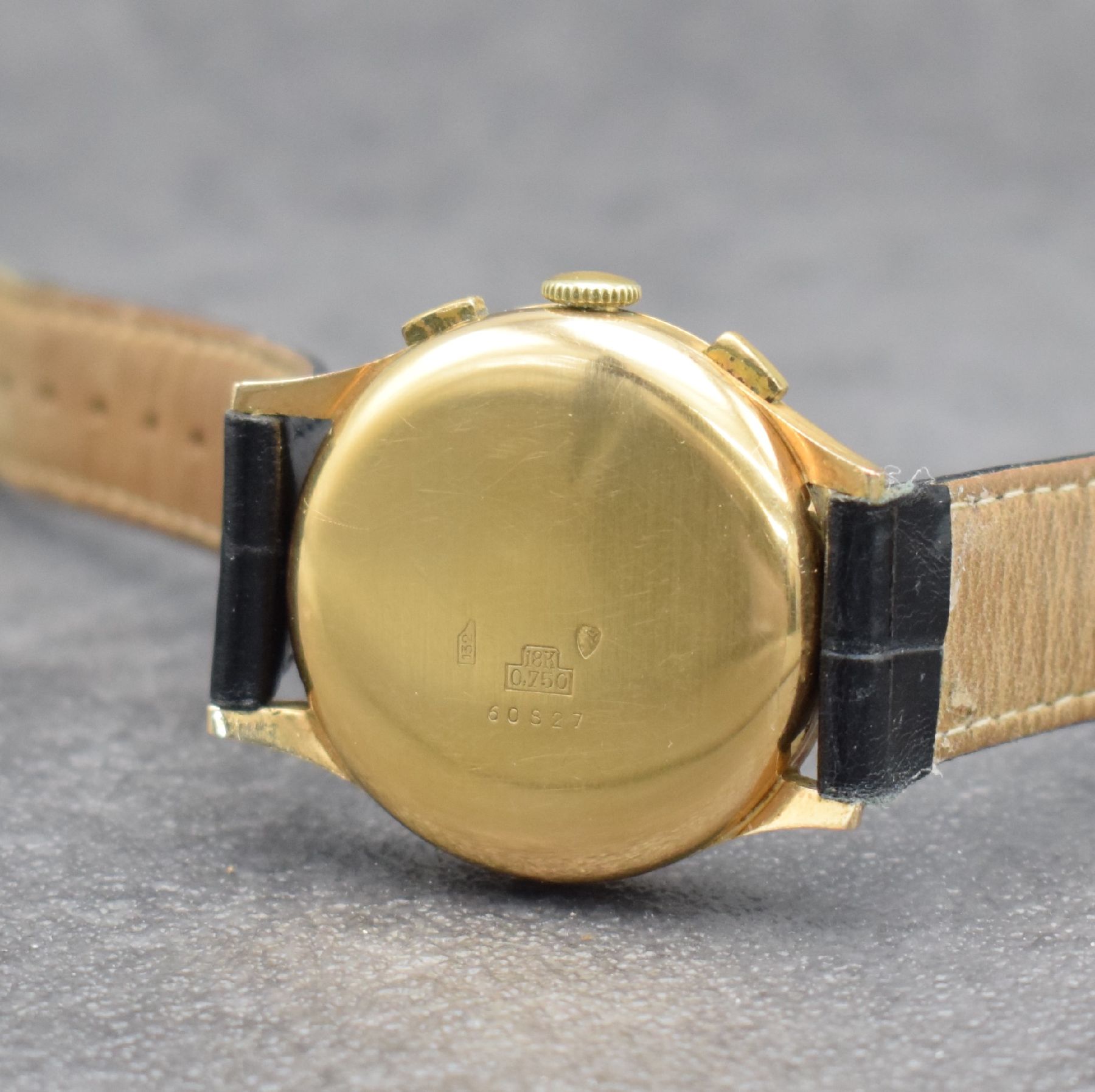 Detail d: ARDATH Schaltradchronograph in RoseG 750/000, Handaufzug, Schweiz 1940er Jahre, Boden & Glasrand aufgedr., Zifferbl. altersbed. fl./pat., 30 ...