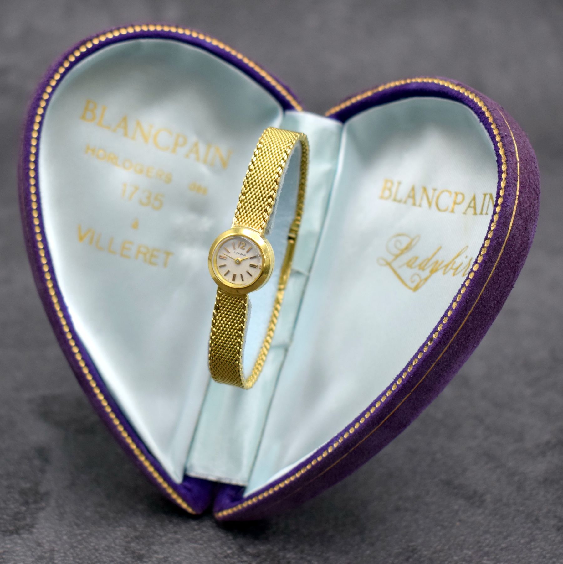 Detail b: BLANCPAIN seltene Damenarmbanduhr Ladybird in GG 750/000 mit ausgefallenem original Etui, Schweiz um 1960, sog. Backwinder, Handaufzug, Boden ...