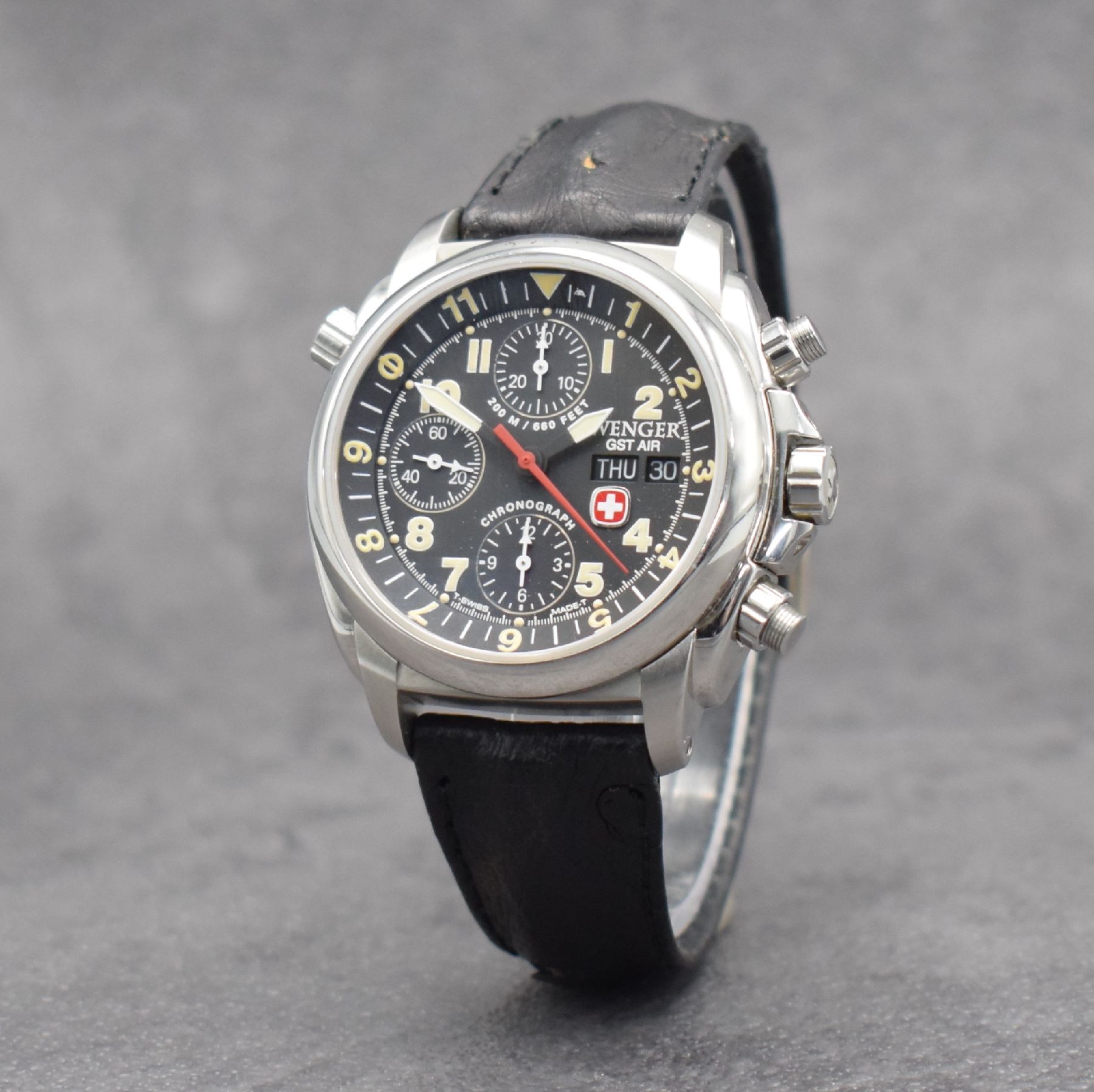 Detail b: WENGER Armbandchronograph GST AIR, Automatik, Schweiz um 1995, Ref. 674.0648, Edelstahlgeh., Boden, Kronen & Drücker verschr., ab Herst. wasserd., ...