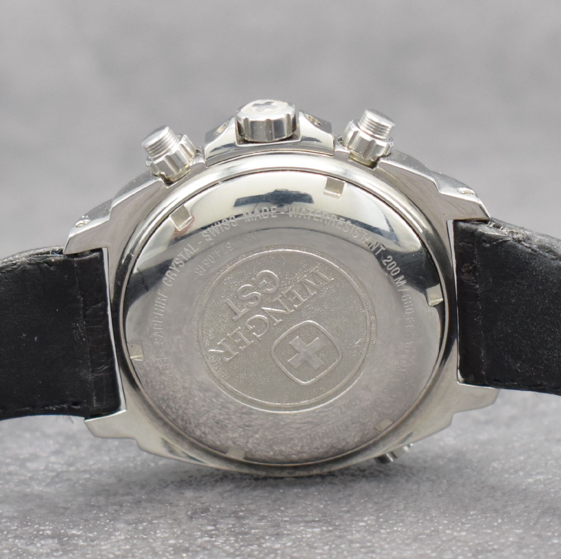 Detail e: WENGER Armbandchronograph GST AIR, Automatik, Schweiz um 1995, Ref. 674.0648, Edelstahlgeh., Boden, Kronen & Drücker verschr., ab Herst. wasserd., ...