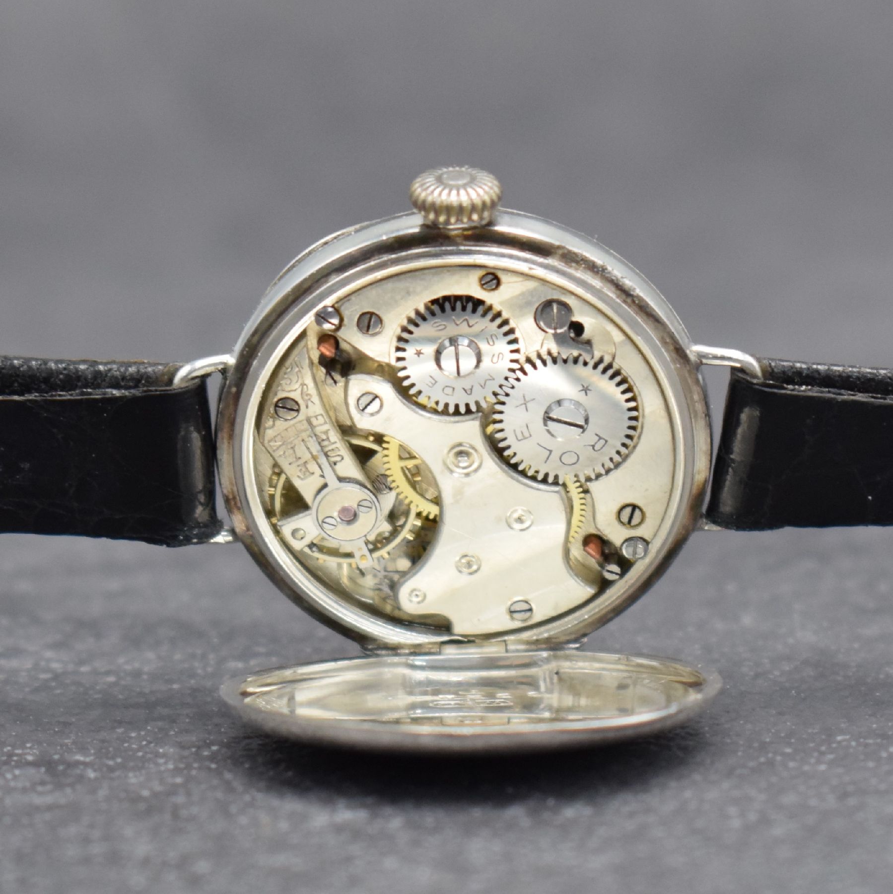 Detail g: ROLEX frühe Armbanduhr in Silber, Schweiz für England Hallmark 1915, Handaufzug, glattes Scharniergeh., Emailzifferbl. m. gold. Minuterie, rote 12, ...
