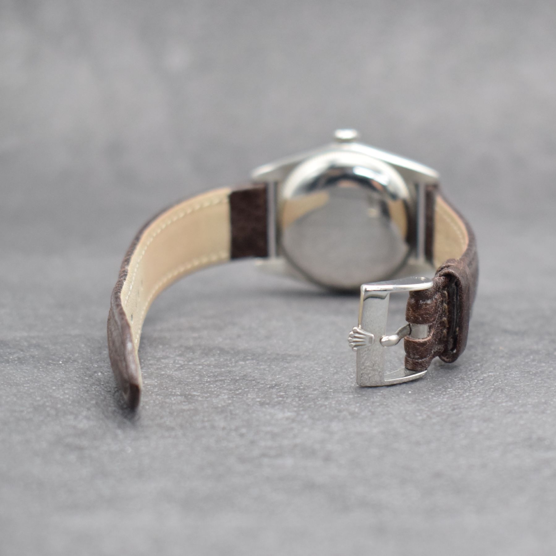 Detail d: ROLEX Chronometer Herrenarmbanduhr Oyster Perpetual Bubble Back in Stahl mit Goldlünette Referenz 4392, Automatik, Schweiz um 1949, Lederband m. ...