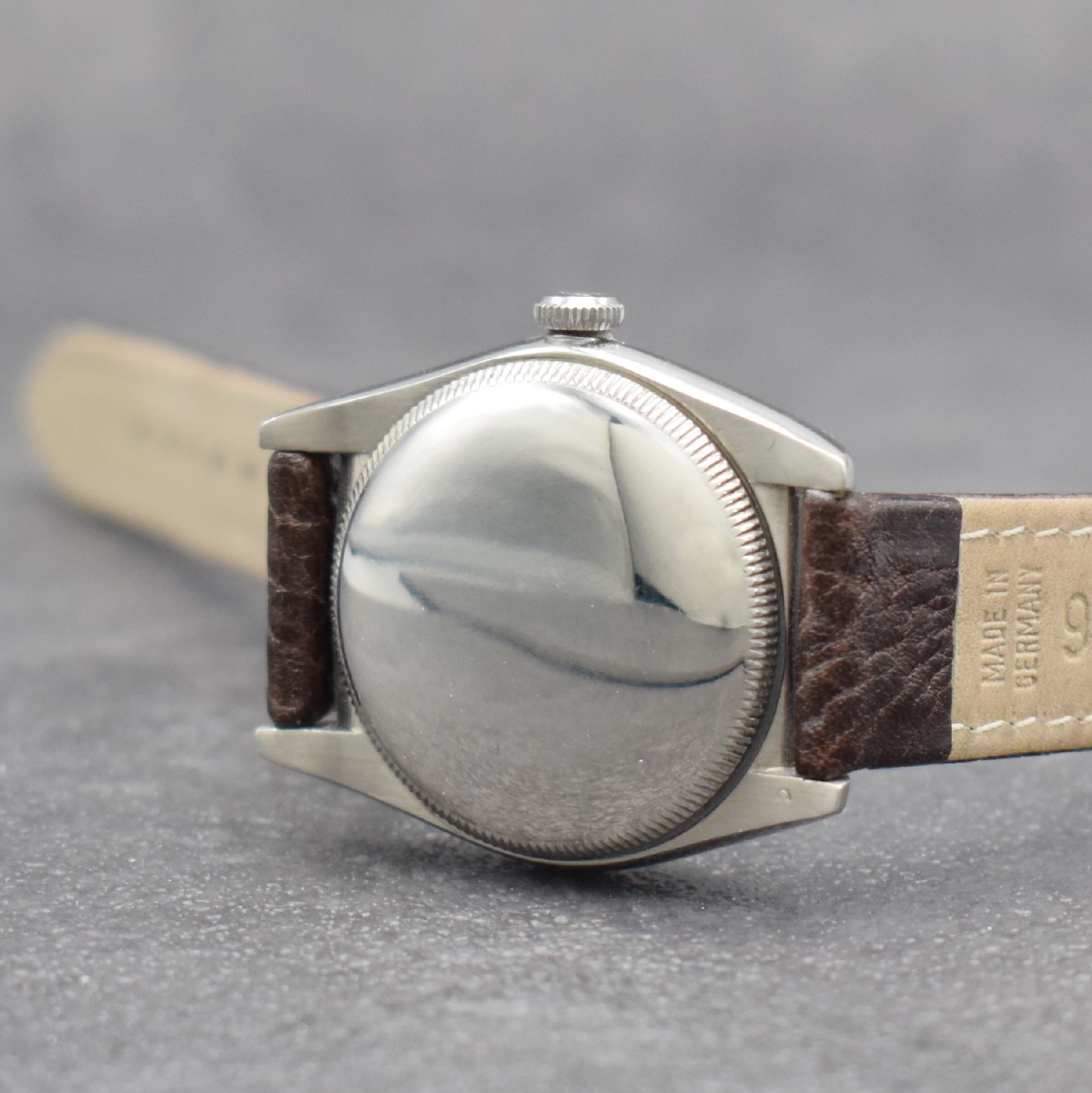 Detail f: ROLEX Chronometer Herrenarmbanduhr Oyster Perpetual Bubble Back in Stahl mit Goldlünette Referenz 4392, Automatik, Schweiz um 1949, Lederband m. ...