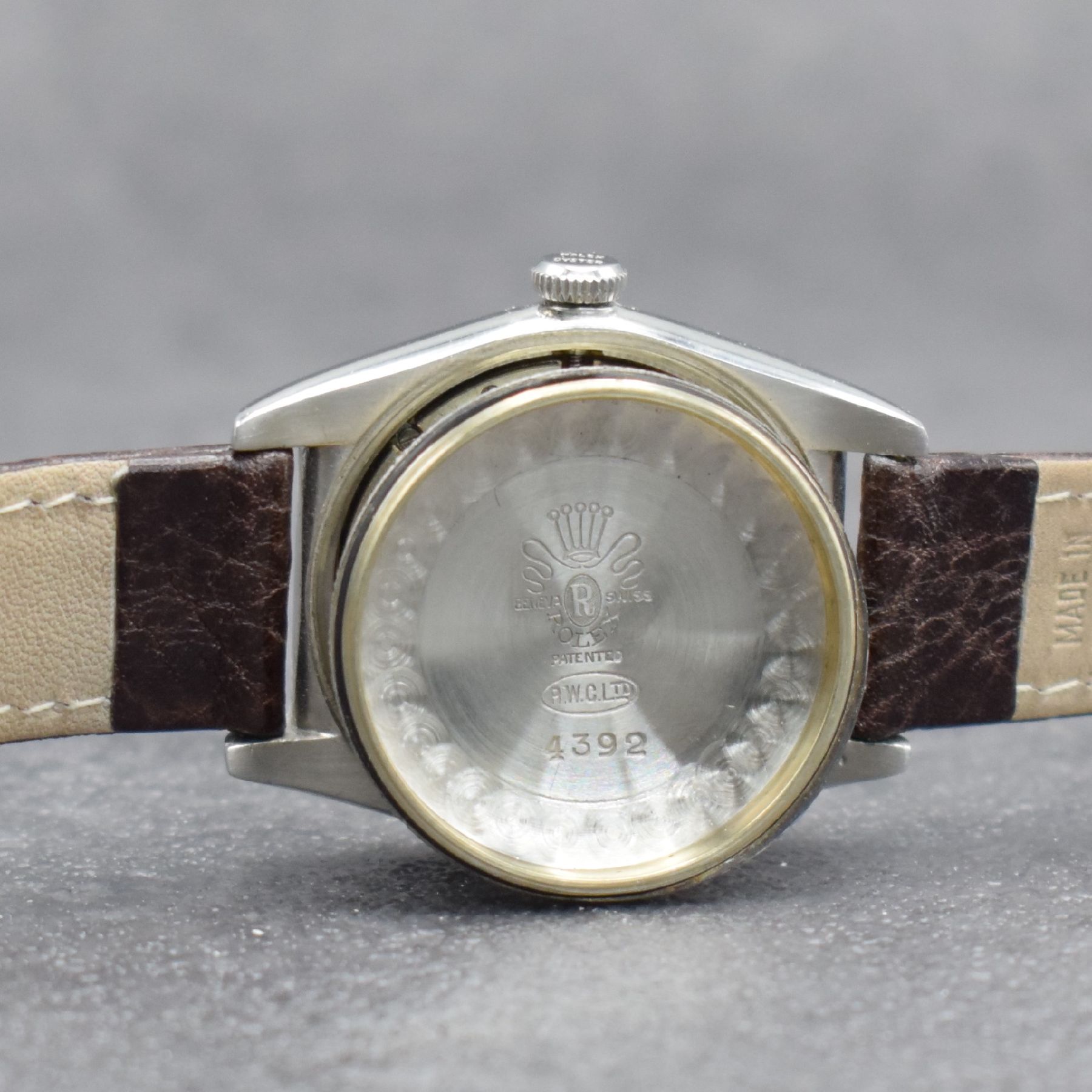 Detail i: ROLEX Chronometer Herrenarmbanduhr Oyster Perpetual Bubble Back in Stahl mit Goldlünette Referenz 4392, Automatik, Schweiz um 1949, Lederband m. ...