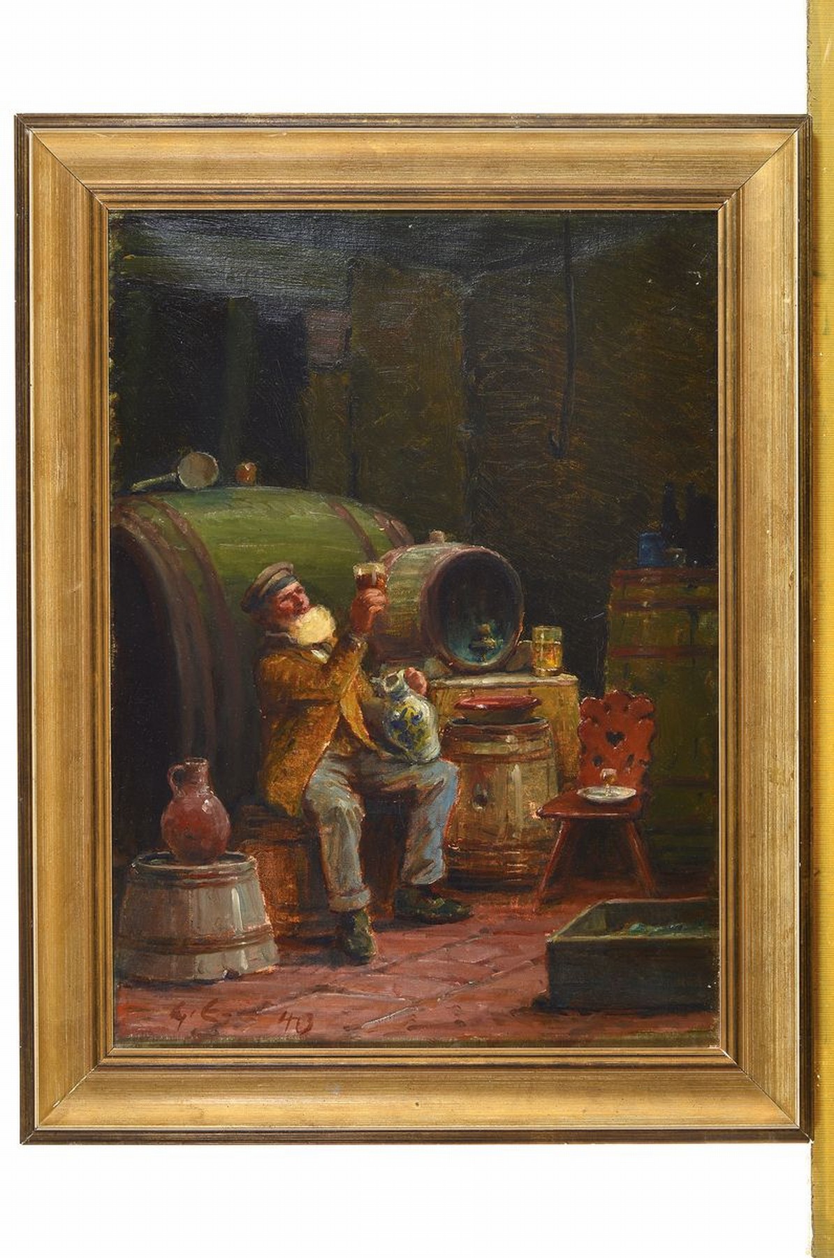 Detail k: Gustav Ernst, 1858 Elsterberg - 1945 Bad Dürkheim, Weinverkostung im Keller, reiche Schilderung des Winzers, der die Farbe des Weines genau ...