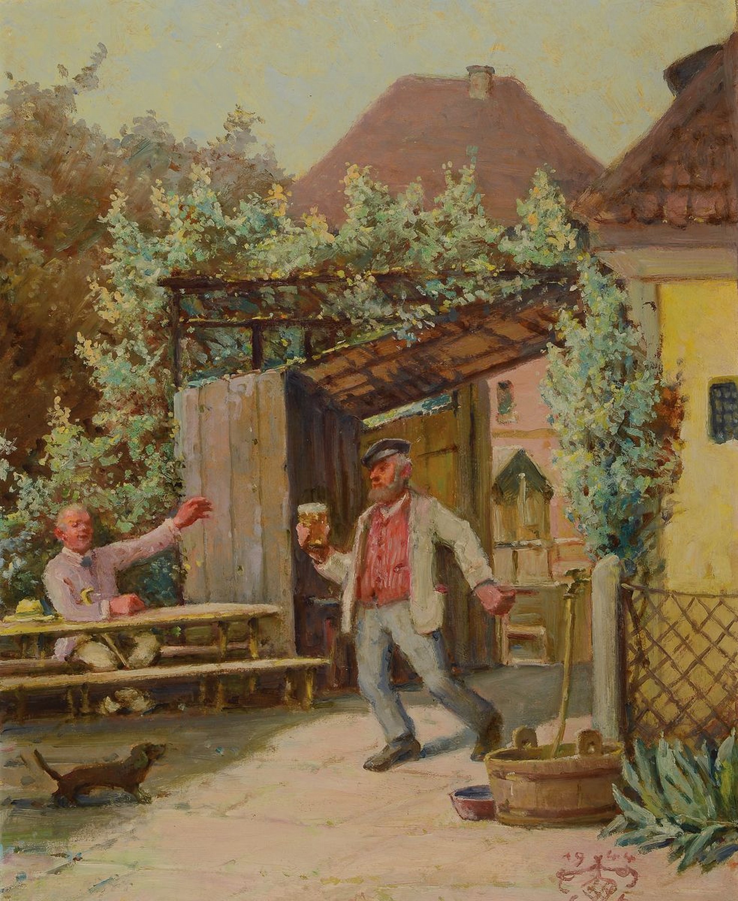 Gustav Ernst, 1858 Elsterberg-1945 Bad Dürkheim, fröhliche und zuprostende Winzer, erzählende Schilderung, detailreiche Wiedergabe des ...