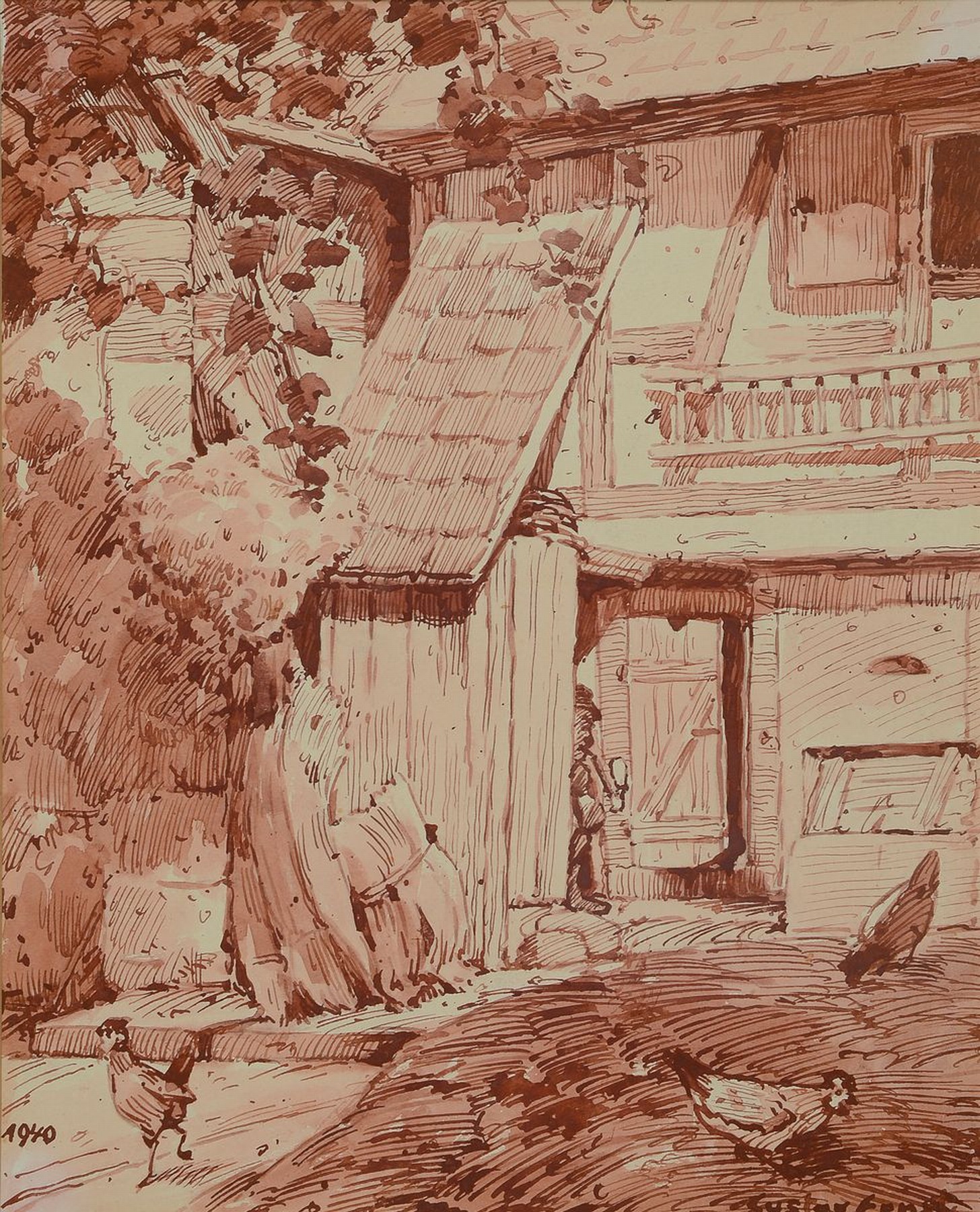 Gustav Ernst, 1858 Elsterberg - 1945 Bad Dürkheim, Hinterhof mit Hühnern, monochrome rötliche Sepiamalerei auf Papier, re. u. signiert, 28 x 22 ...