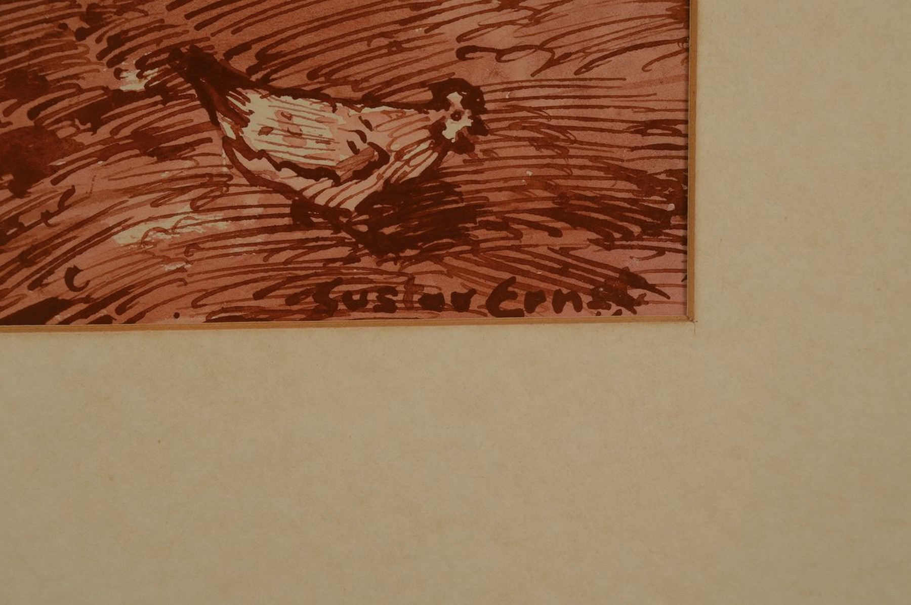 Detail a: Gustav Ernst, 1858 Elsterberg - 1945 Bad Dürkheim, Hinterhof mit Hühnern, monochrome rötliche Sepiamalerei auf Papier, re. u. signiert, 28 x 22 ...