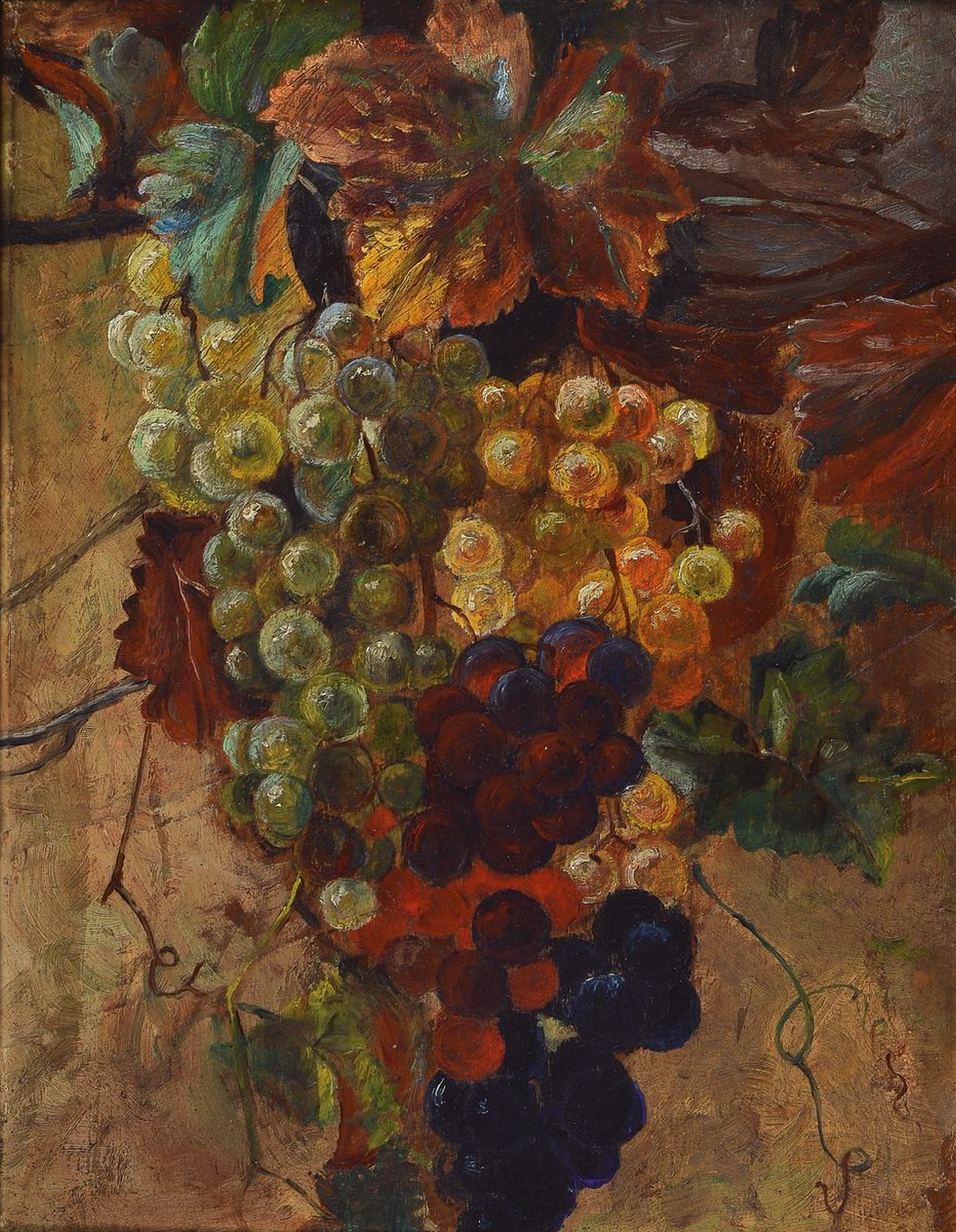 Heinrich Strieffler, 1872 Neustadt - 1949 Landau, Weintrauben, Öl/Holz, frühes Traubenstillleben des bekannten Winzermalers, Farbigkeit der ...