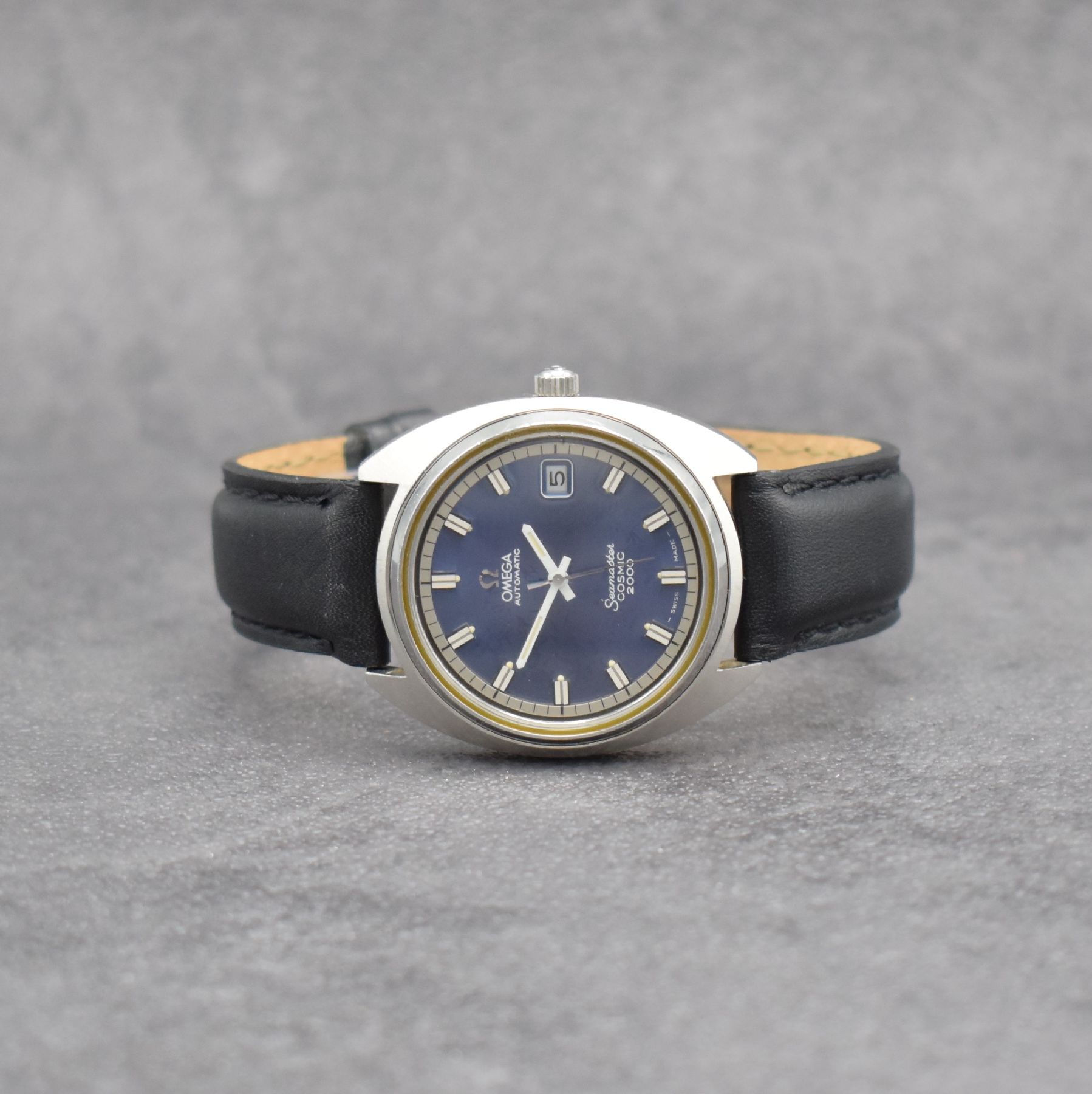 OMEGA Herrenarmbanduhr Seamaster COSMIC 2000, Automatik, Schweiz um 1970, Edelstahl -Stülpgeh., Mineralflachgl., blaues Zifferbl. m. aufgel. ...
