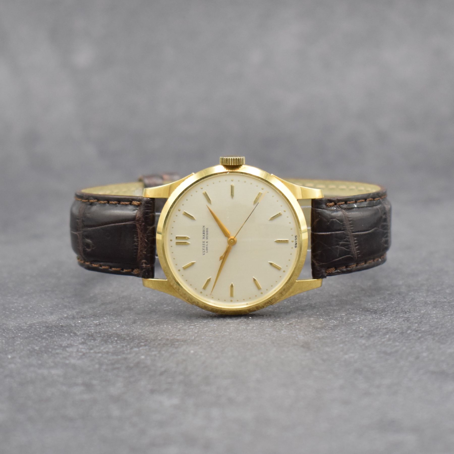 ULYSSE NARDIN Herrenarmbanduhr mit original Etui & original Zertifikat in GG 750/000, Schweiz verk. lt. Zertifikat 07/1954, Handaufzug, 2-teil. ...