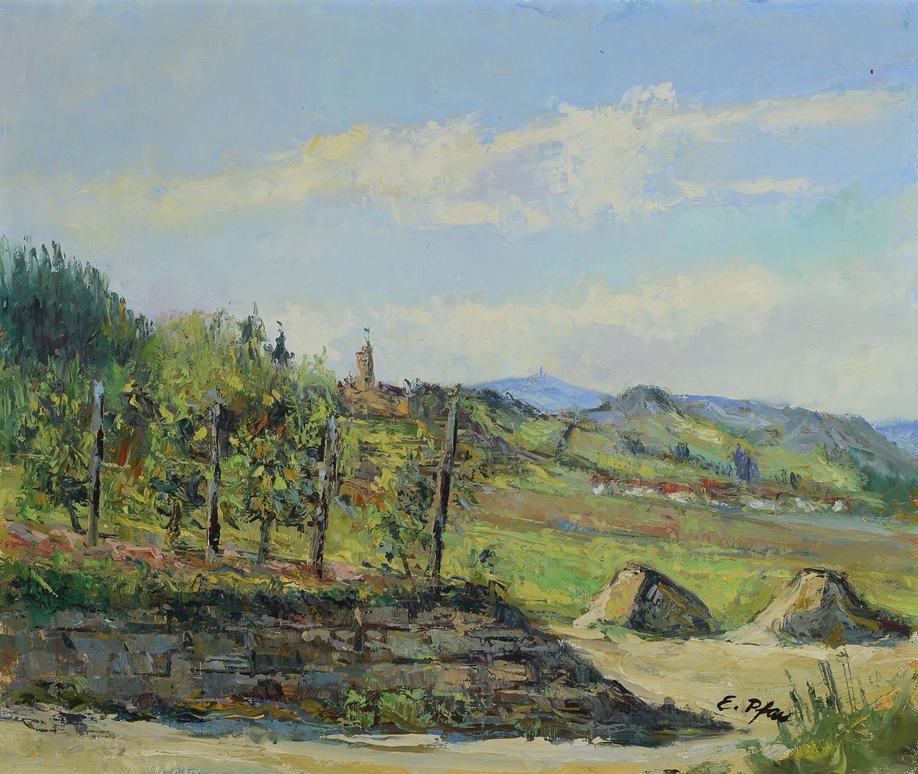 Ernst Pfau, 1879 Bad Wimpfen-1965 Bad Dürkheim, Landschaft mit Wachtenburg bei Wachenheim/Pfalz, Öl/Malkarton, rechts unten signiert, ca. 52x62cm, ...