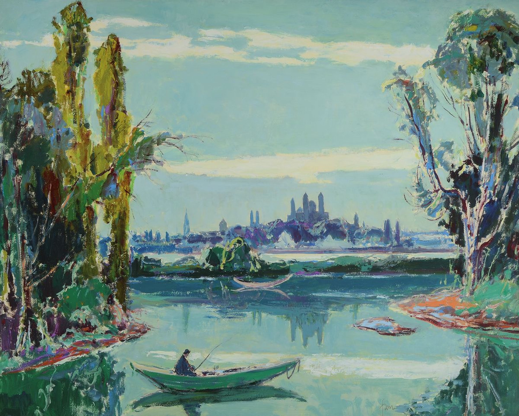 Karl Graf, 1902-1986 Speyer, Blick über den Rhein auf den Dom zu Speyer, im Vordergrund ein Angler in seinem Kahn, Aquarell und Gouache auf ...