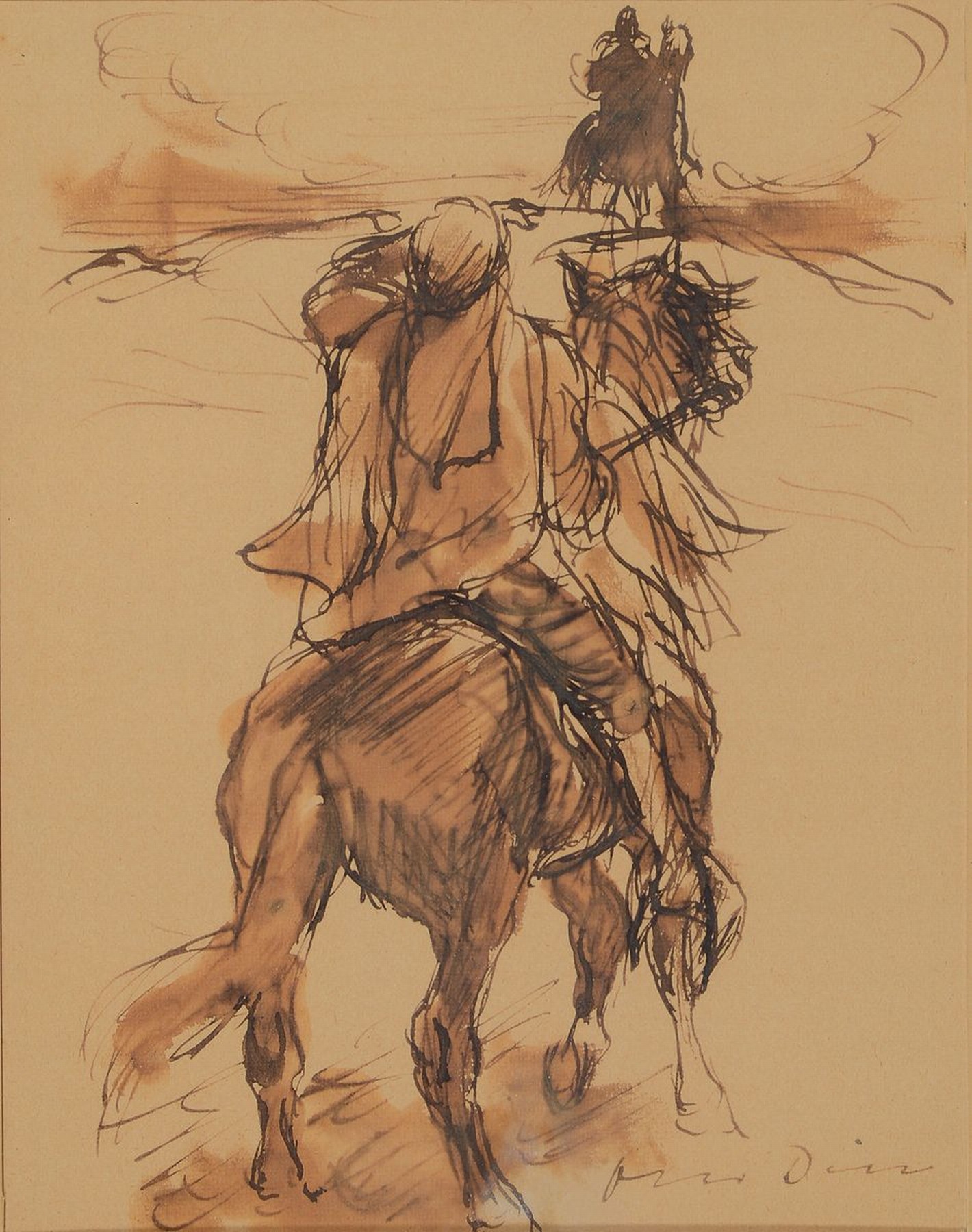 Otto Dill, 1884 Neustadt-1957 Bad Dürkheim, Reitender Araber in der Wüste, lavierte Tuschezeichnung auf Papier, ca. 20x15.5cm, PP, u.Gl., R. ca. ...