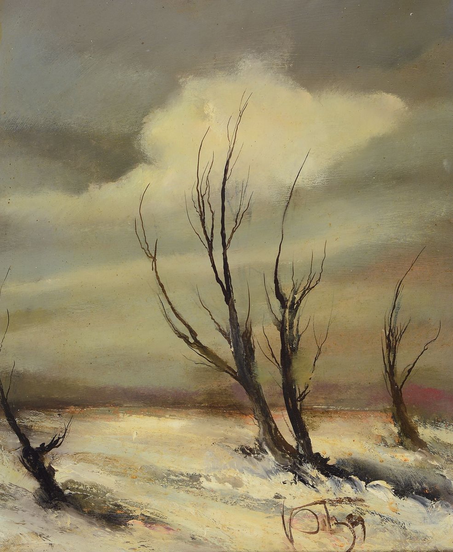 Karl Philipp Spitzer, 1887-1954 Speyer, Winterlandschaft mit Weiden, Öl/Hartfaser, rechts unten signiert, ca. 56x46cm, R. ca. 68x58cm