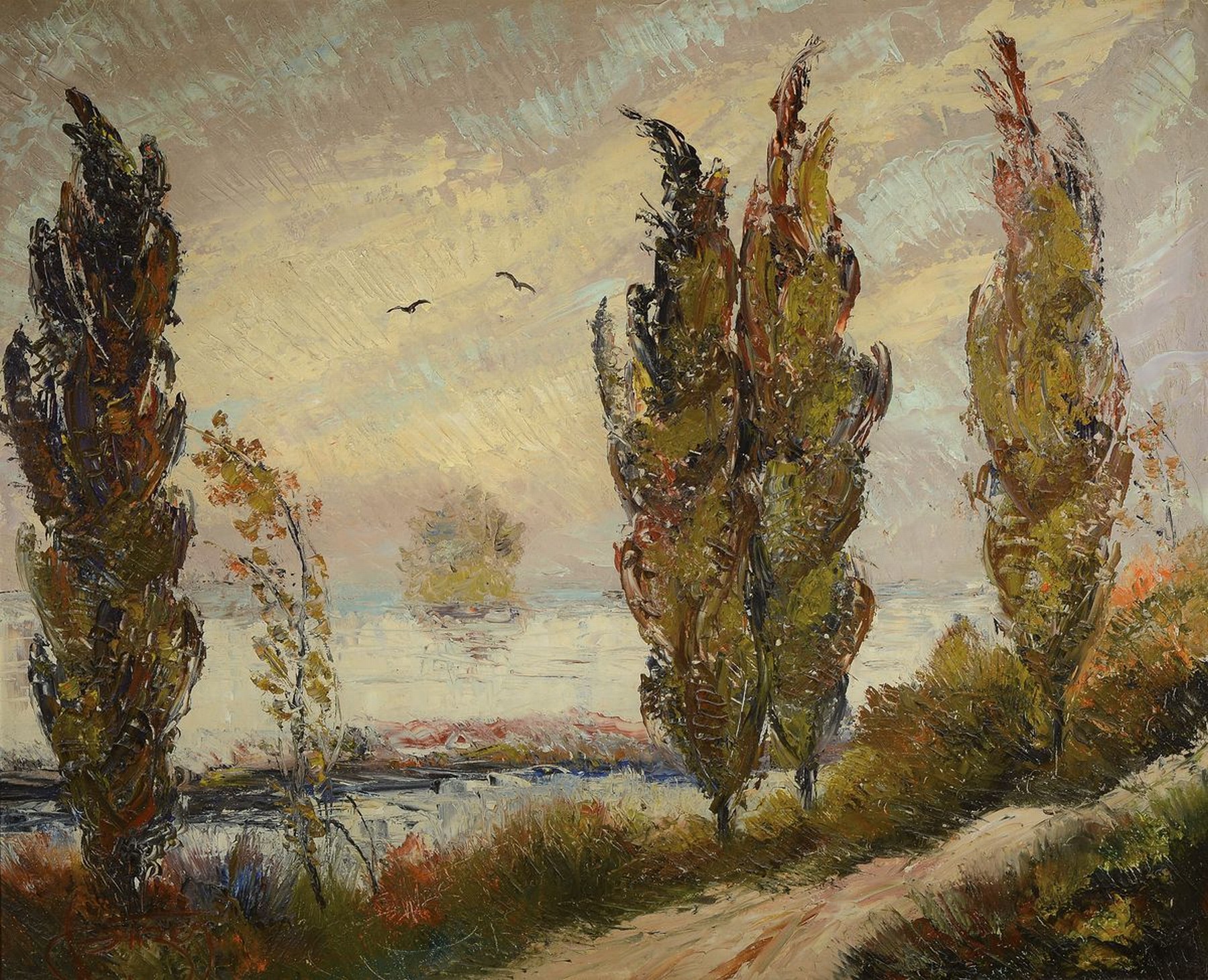 Karl Philipp Spitzer, 1887-1954 Speyer, Altrheinlandschaft mit Pappeln und Vögeln, Öl/Hartfaser, links unten signiert, ca. 90x110cm, R. ca. ...