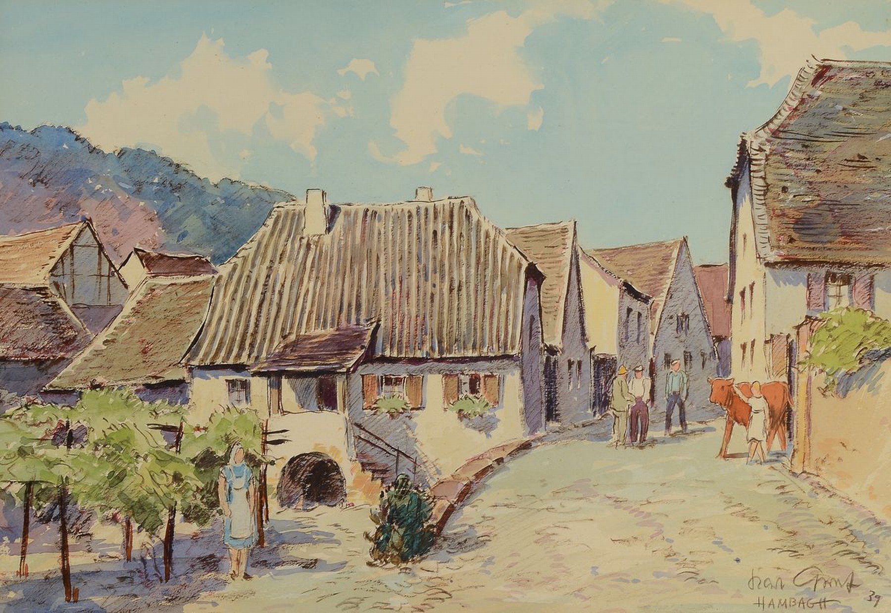 Karl Graf, 1902-1986 Speyer, Ansicht aus Hambach, Aquarell auf Papier, rechts unten signiert und dat. 39, bez.: Hambach, ca. 34x48cm, PP, u.Gl., R. ...