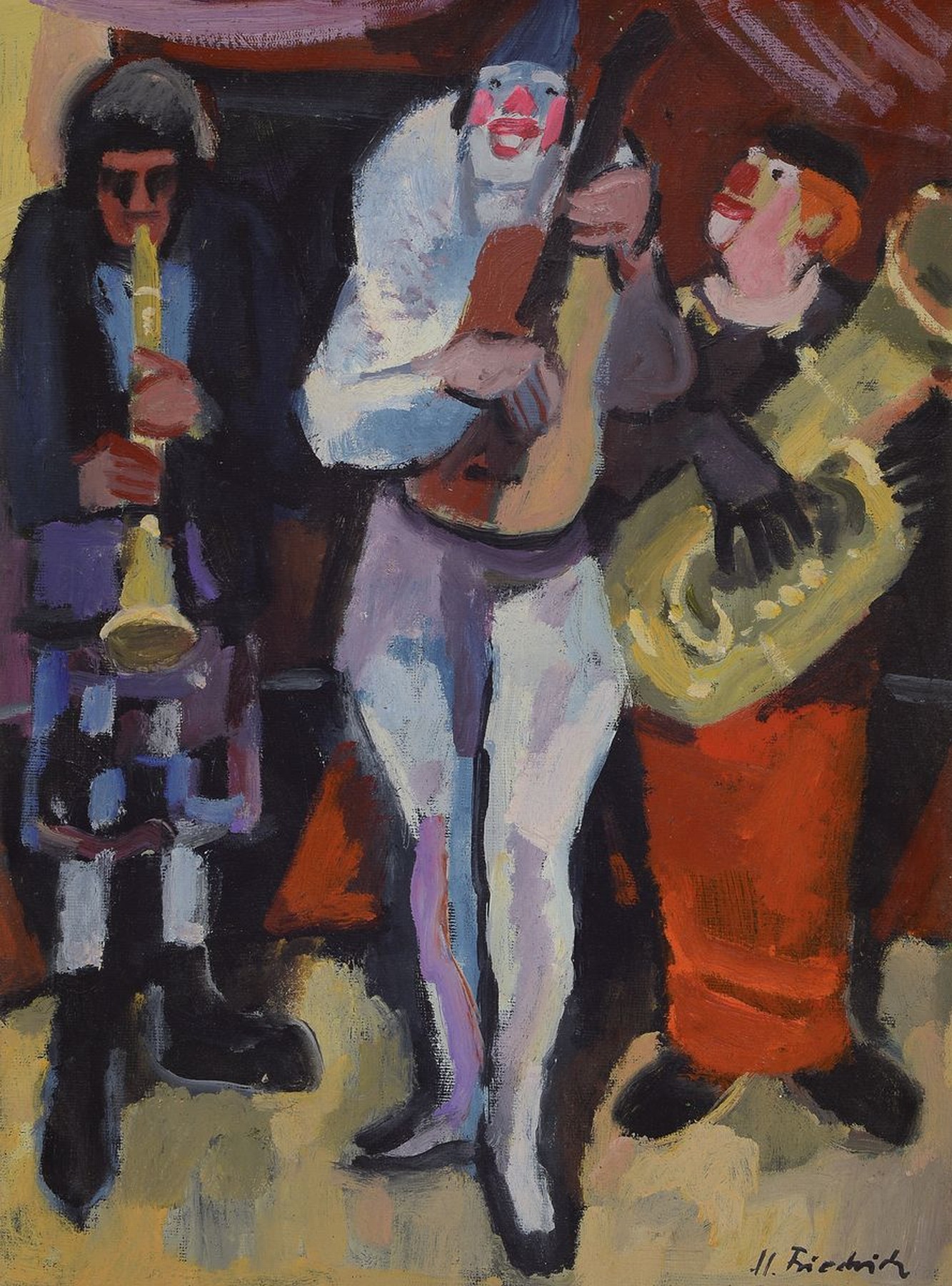 Heinz Friedrich, 1924-2018 Schwetzingen, musizierende Clowns, Öl/Malkarton, rechts unten signiert, ca. 40x30cm, R. ca. 50x40cm