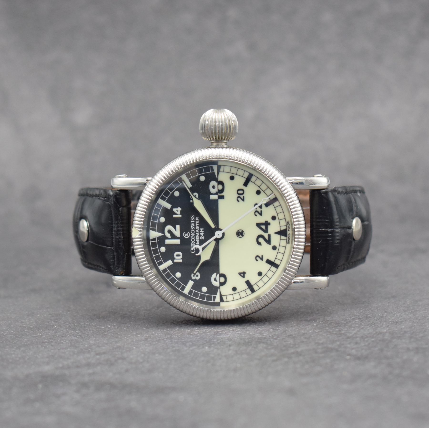 CHRONOSWISS Herrenarmbanduhr Modellserie Timemaster, Handaufzug, Ref. CH 6433, Edelstahlgeh. inkl. orig. Lederband m. orig. Dornschl., beids. vergl., ...