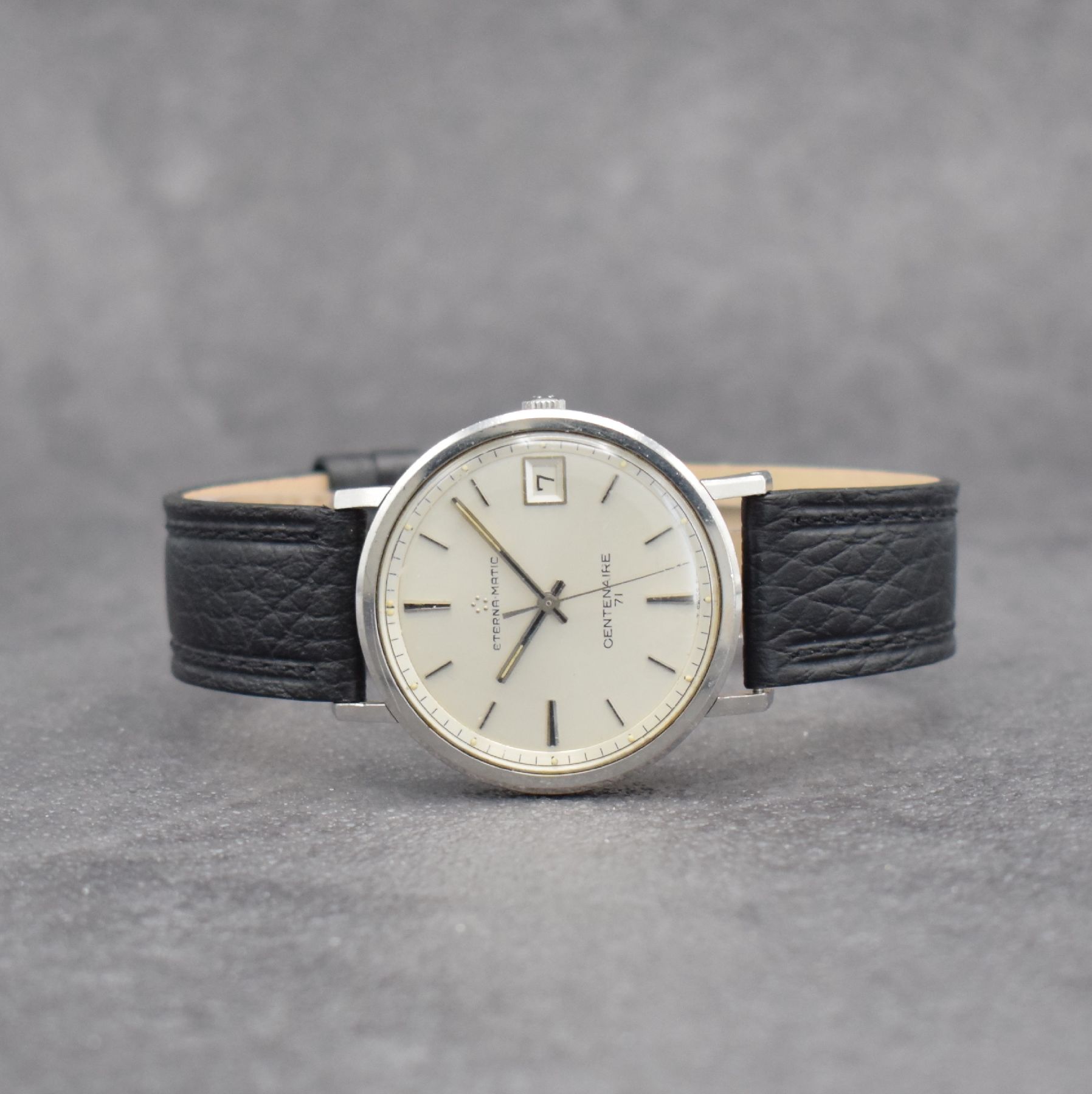 ETERNA-MATIC Centenaire 71 Herrenarmbanduhr Referenz 106 IVT, Schweiz 1970er Jahre, Automatik, Edelstahlgeh., Boden geschr., silb. Zifferbl. m. ...