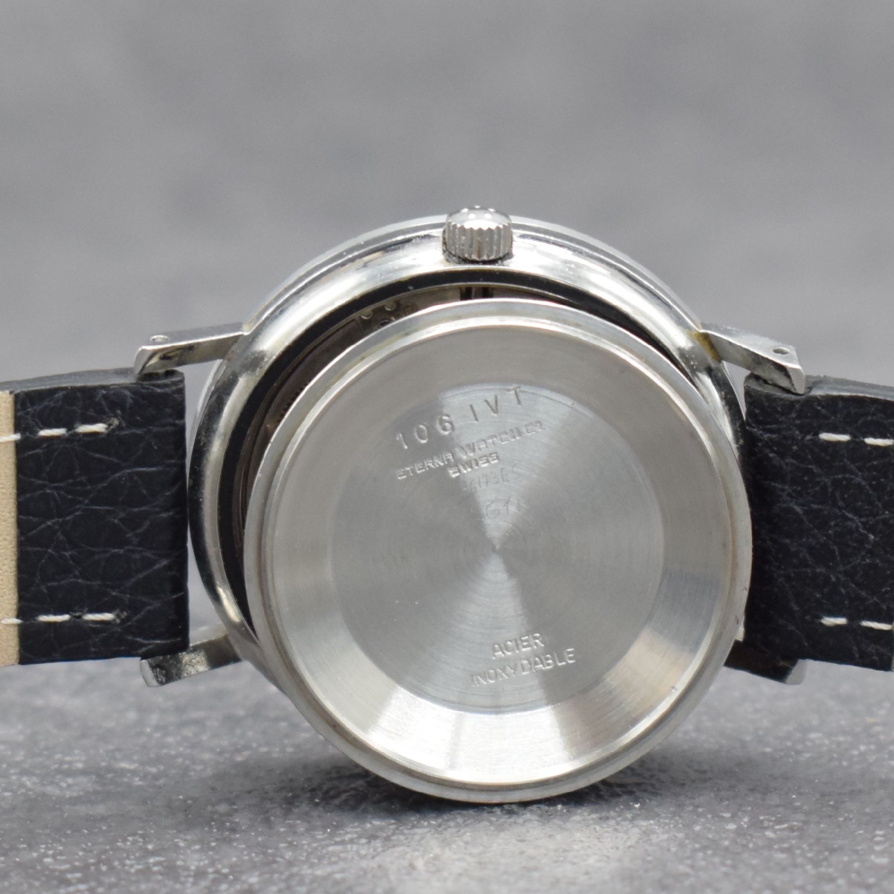 Detail h: ETERNA-MATIC Centenaire 71 Herrenarmbanduhr Referenz 106 IVT, Schweiz 1970er Jahre, Automatik, Edelstahlgeh., Boden geschr., silb. Zifferbl. m. ...