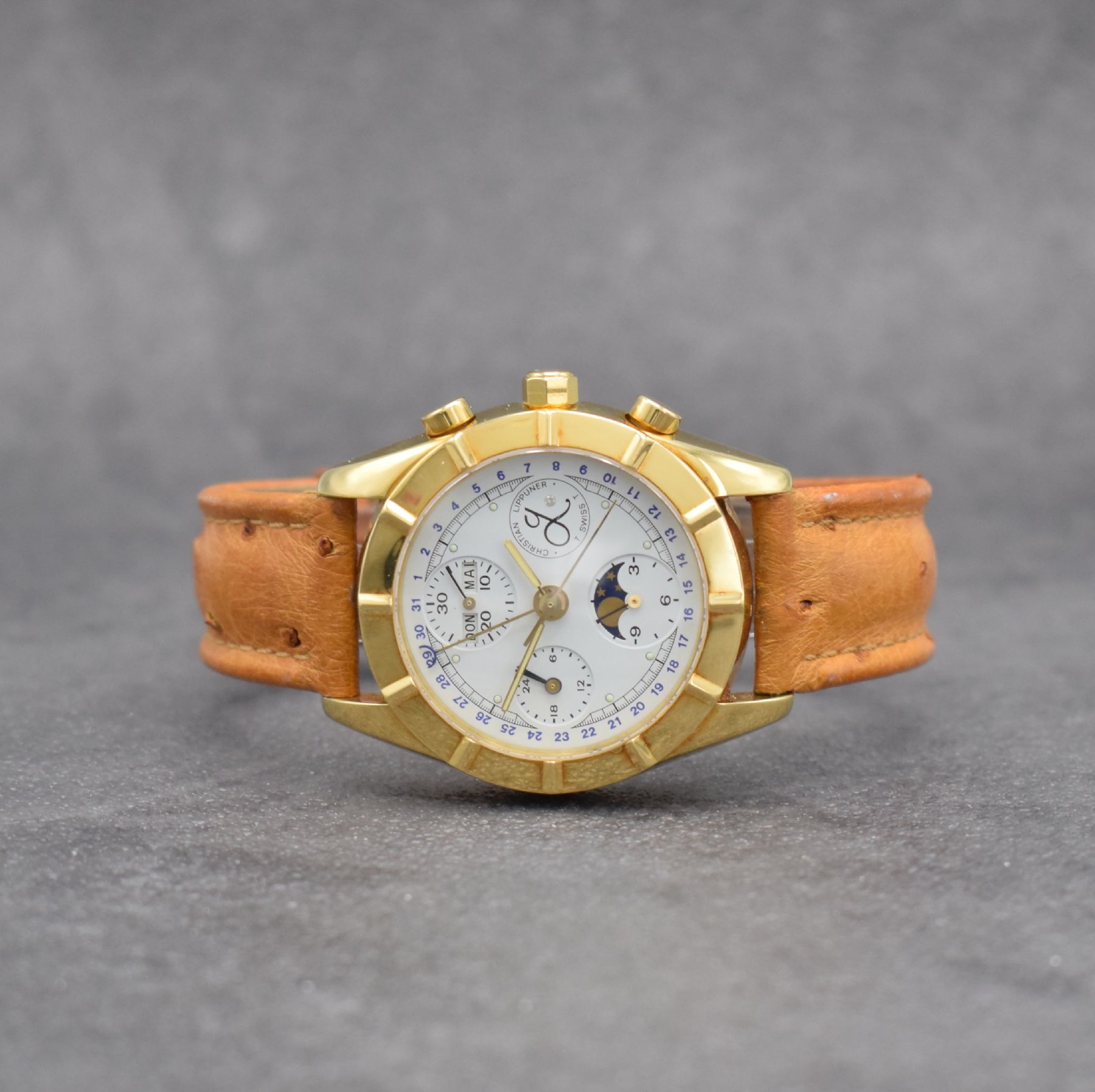 CHRISTIAN LIPPUNER seltene & limitierte Herrenarmbanduhr mit Chronograph & Vollkalender in GG 750/000 aus Modellserie Merkur in Gesamtauflage v. 500 ...