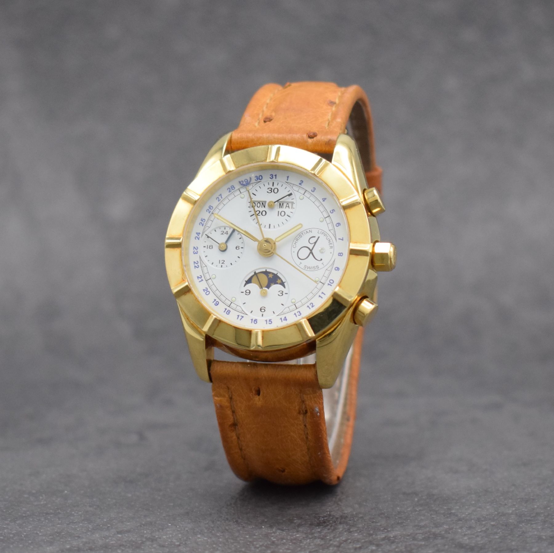 Detail b: CHRISTIAN LIPPUNER seltene & limitierte Herrenarmbanduhr mit Chronograph & Vollkalender in GG 750/000 aus Modellserie Merkur in Gesamtauflage v. 500 ...