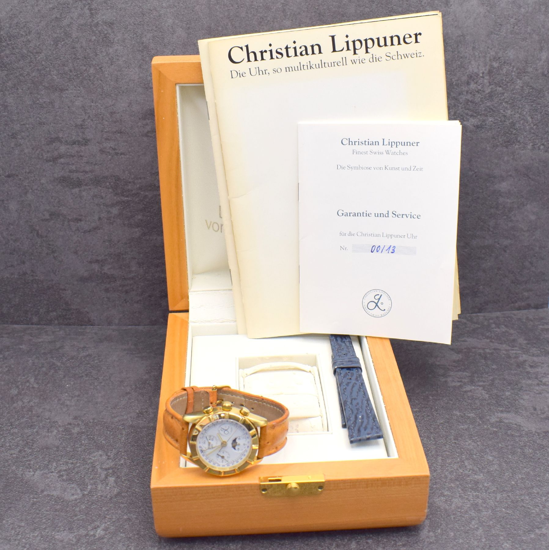 Detail h: CHRISTIAN LIPPUNER seltene & limitierte Herrenarmbanduhr mit Chronograph & Vollkalender in GG 750/000 aus Modellserie Merkur in Gesamtauflage v. 500 ...