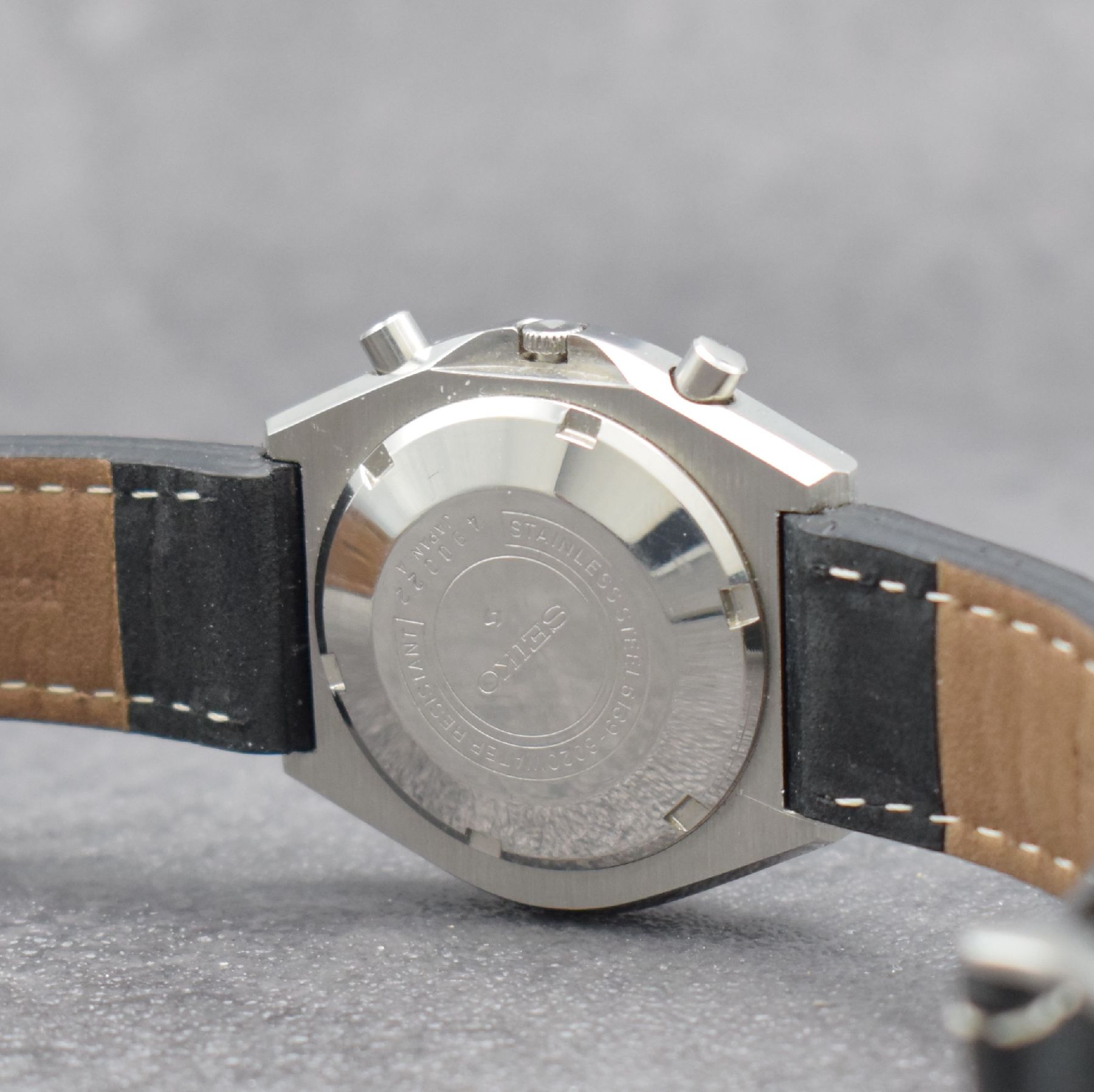 Detail d: SEIKO Schaltradchronograph Referenz 6139- 8020, Automatik, Japan um 1970, Edelstahlgeh., Boden verschr., blaues Zifferbl., Anz. v. Std., Min., Tag, ...