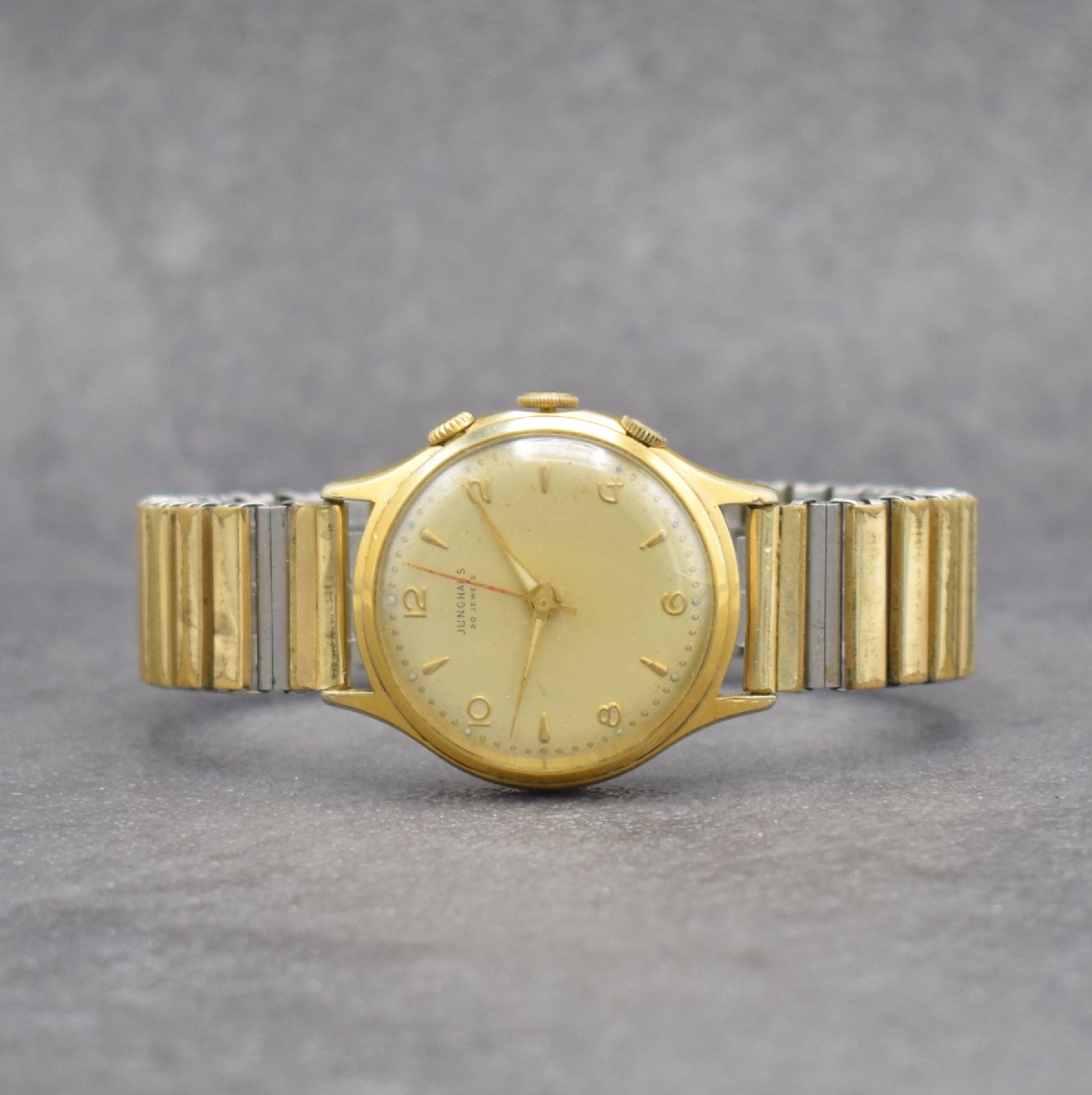 JUNGHANS Armbandwecker Kaliber 89, Deutschland um 1960, Handaufzug, verg. Metallgeh. altersbed. ber., 20 St., Geh- & Weckw. 1 Federhaus, ...
