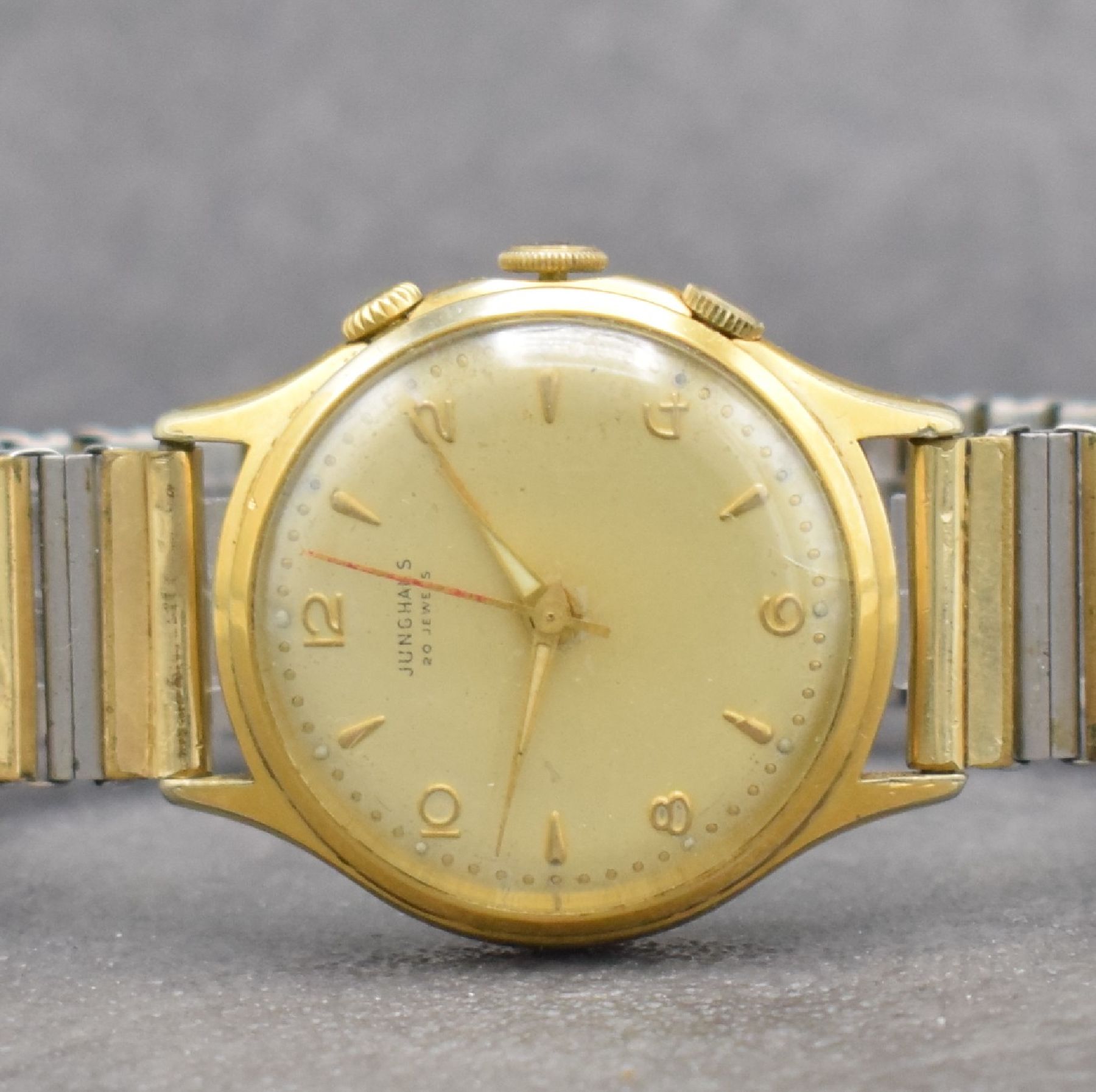 Detail a: JUNGHANS Armbandwecker Kaliber 89, Deutschland um 1960, Handaufzug, verg. Metallgeh. altersbed. ber., 20 St., Geh- & Weckw. 1 Federhaus, ...