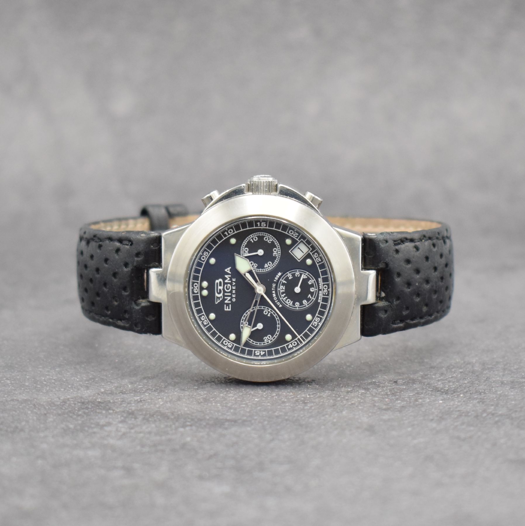 ENIGMA by Gianni Bulgari Herrenchronograph in Stahl, Schweiz um 2000, Automatik, beids. vergl. Geh., Boden & Krone verschr., orig. Faltschl., ...