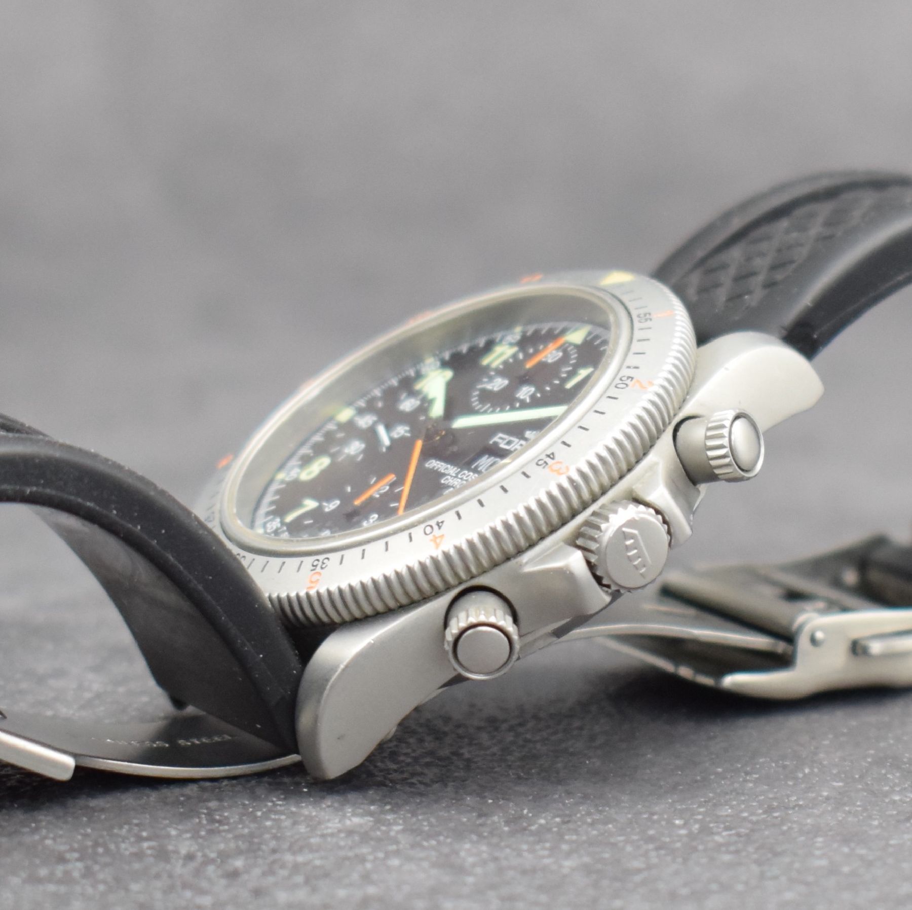 Detail e: FORTIS Official Cosmonauts Chronograph Herrenarmbanduhr, Schweiz um 1995, Automatik, Ref. 632.22.141. verschr. Stahlgeh., neutr. Kautschukband m. ...