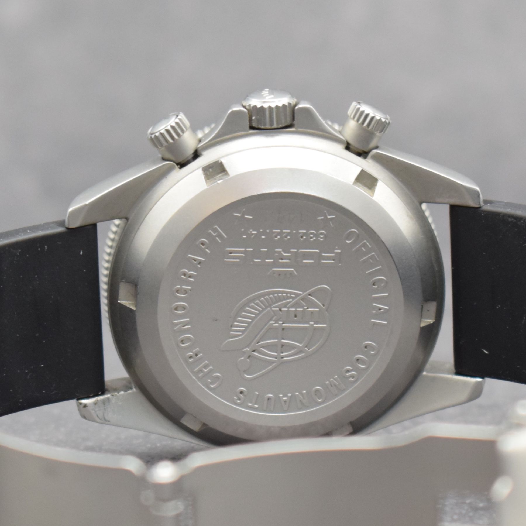 Detail f: FORTIS Official Cosmonauts Chronograph Herrenarmbanduhr, Schweiz um 1995, Automatik, Ref. 632.22.141. verschr. Stahlgeh., neutr. Kautschukband m. ...