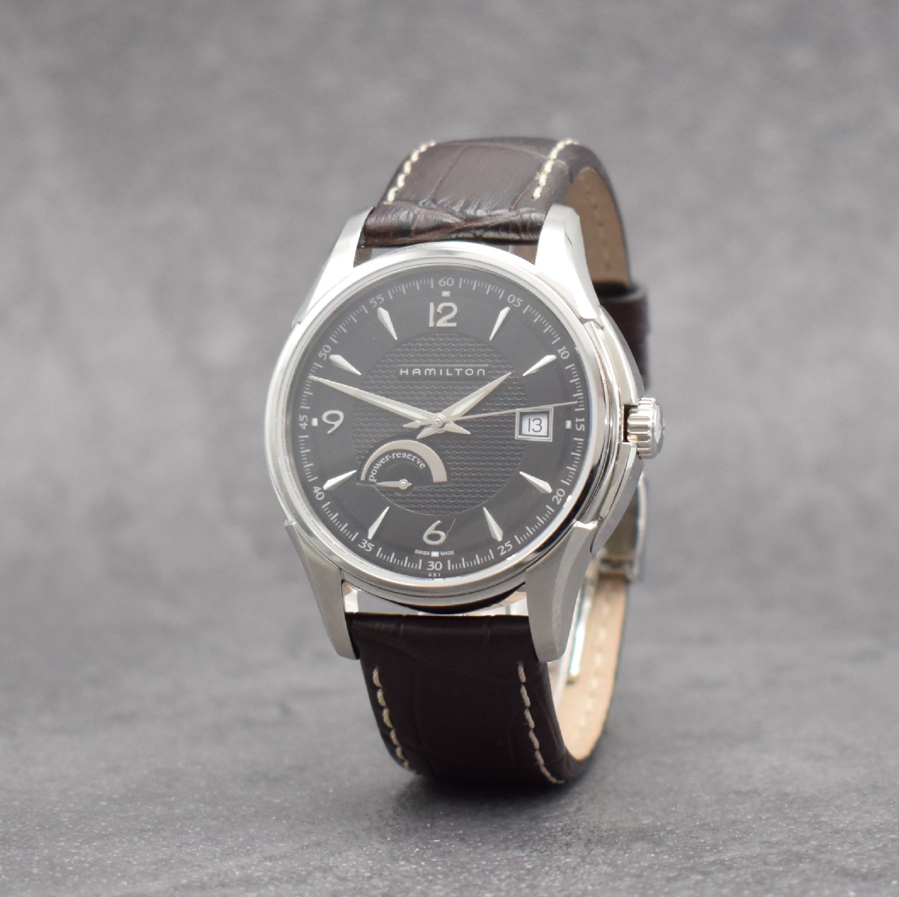 HAMILTON Jazzmaster Herrenarmbanduhr mit Gangreserveanzeige, Schweiz um 2008, Automatik, Ref. H325190, beids. vergl. Edelstahlgeh., Boden verschr., ...