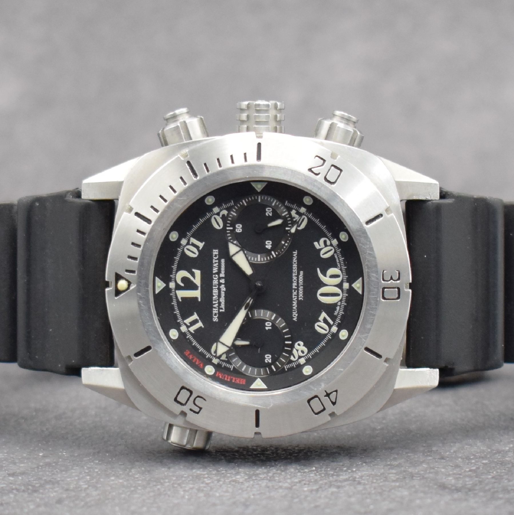 Detail a: SCHAUMBURG WATCH Aquamatic Professional 3300ft/1000m Herrenarmbanduhr mit Chronograph, Deutschland um 2008, Automatik, verschr. Geh. in Stahl, eins. ...