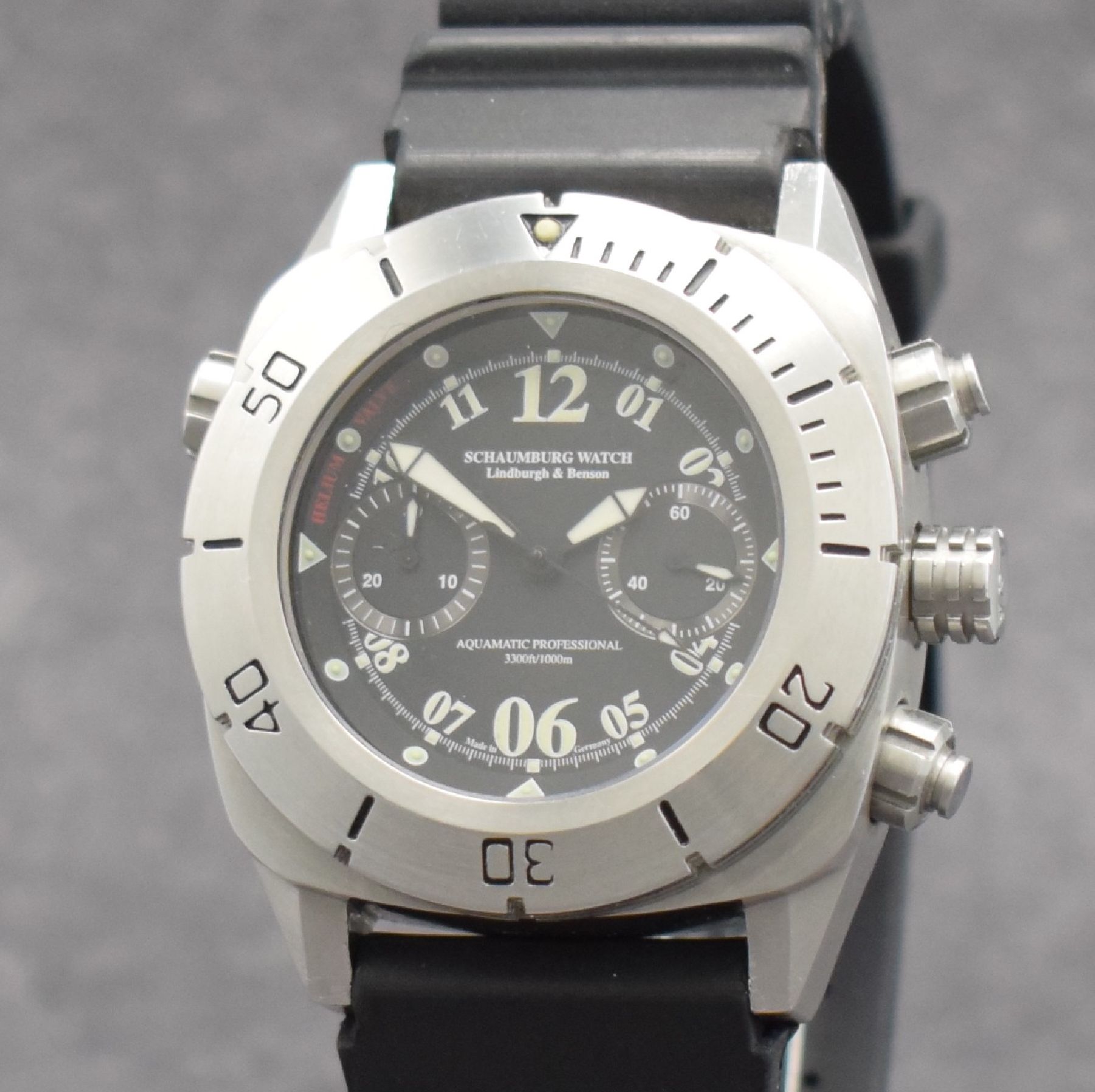 Detail c: SCHAUMBURG WATCH Aquamatic Professional 3300ft/1000m Herrenarmbanduhr mit Chronograph, Deutschland um 2008, Automatik, verschr. Geh. in Stahl, eins. ...