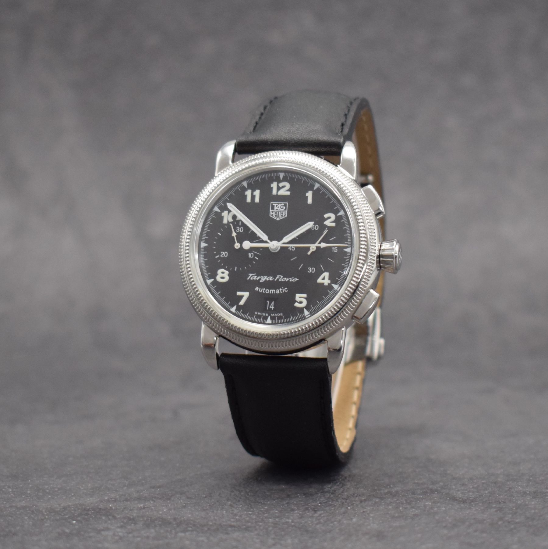 TAG HEUER Herrenarmbanduhr mit Chronograph Modell TARGA FLORIO, Schweiz um 2002, Automatik, Ref. CX2112, Edelstahlgeh., Lederband m. orig. Faltschl. ...