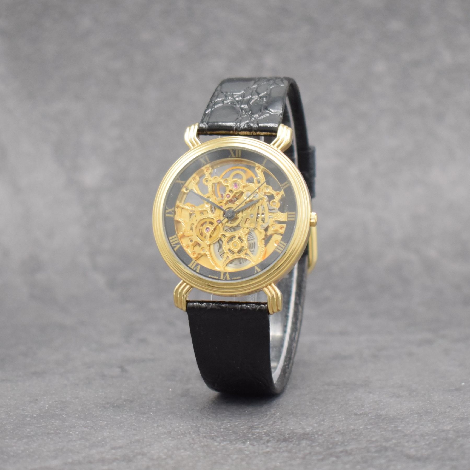 Detail b: ROAMER skelettierte Herrenarmbanduhr, Automatik, Schweiz um 1990, verg. Geh. beids. vergl., äußerer Zifferblattring m. röm. Std., Anz. v. Std., ...