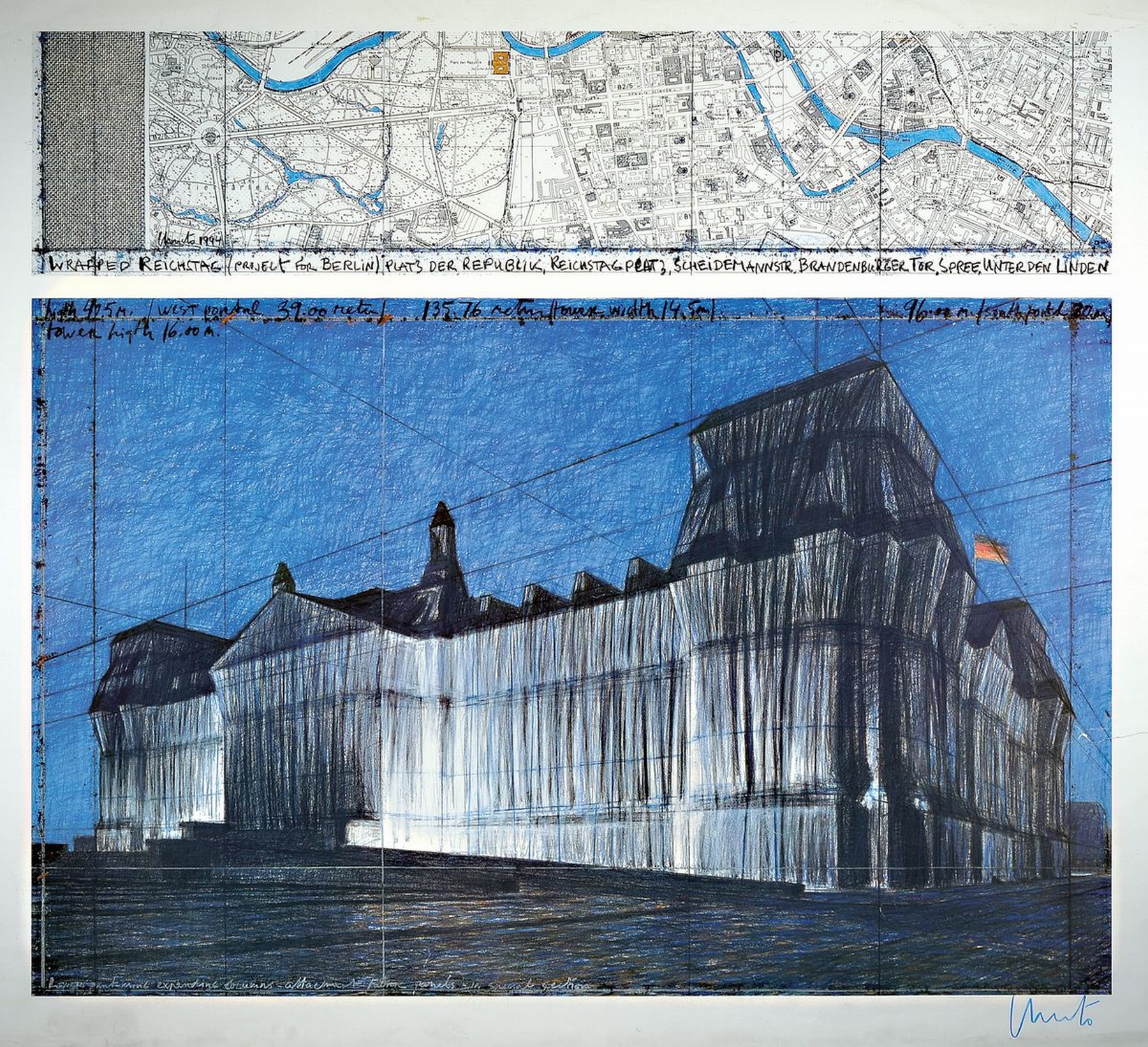 Christo und Jeanne-Claude, Wrapped Reichstag, Farboffset, handsigniert, ca. 99x110cm, Blattränder verschmutzt, rechts unten eingerissen