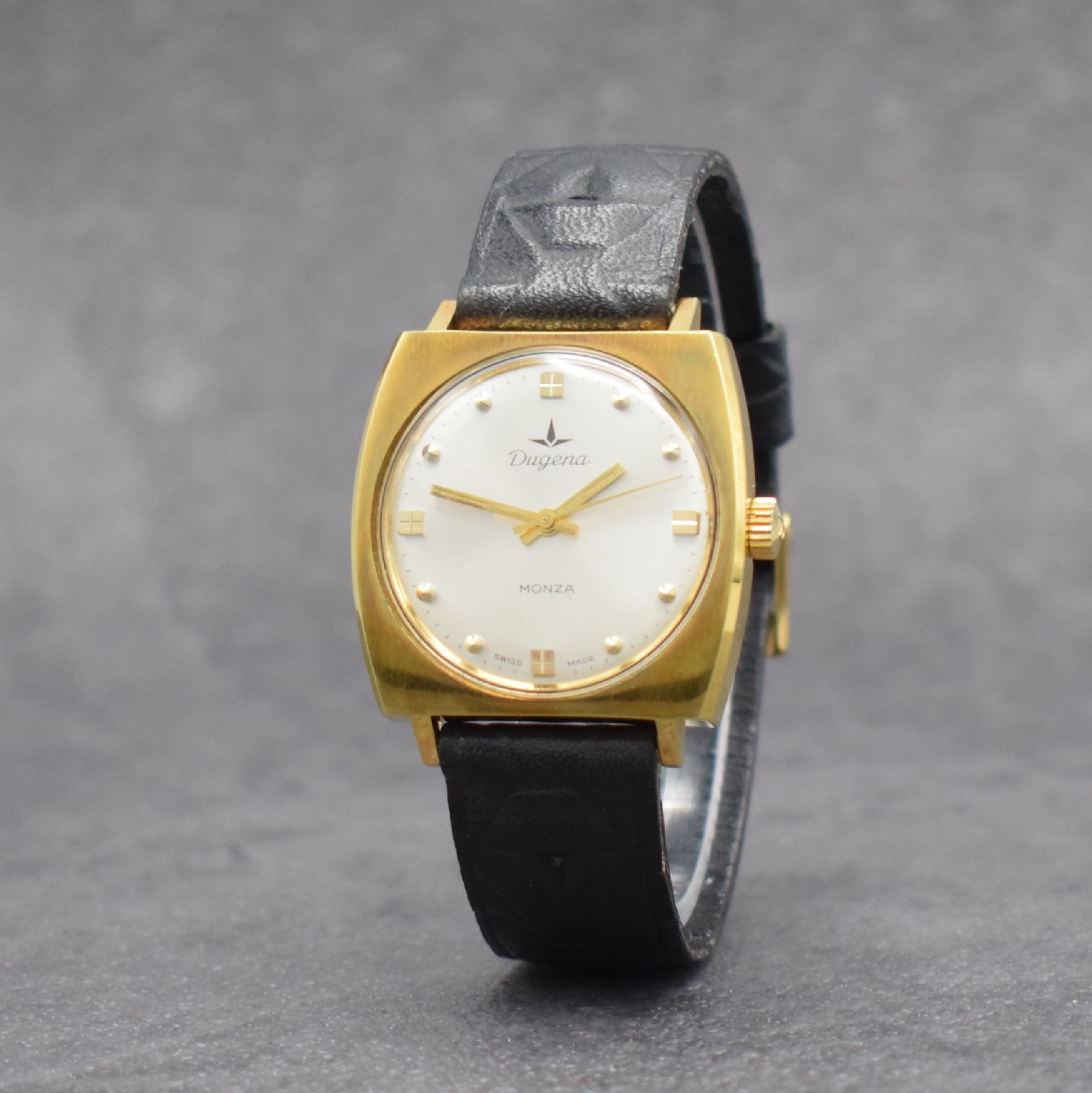 Detail b: Konvolut: 2 DUGENA Armbanduhren Serie Monza, Schweiz um 1980, beide verg. Metallgeh., Edelstahlböden verschr., silberne Zifferblätter m. aufgel. ...