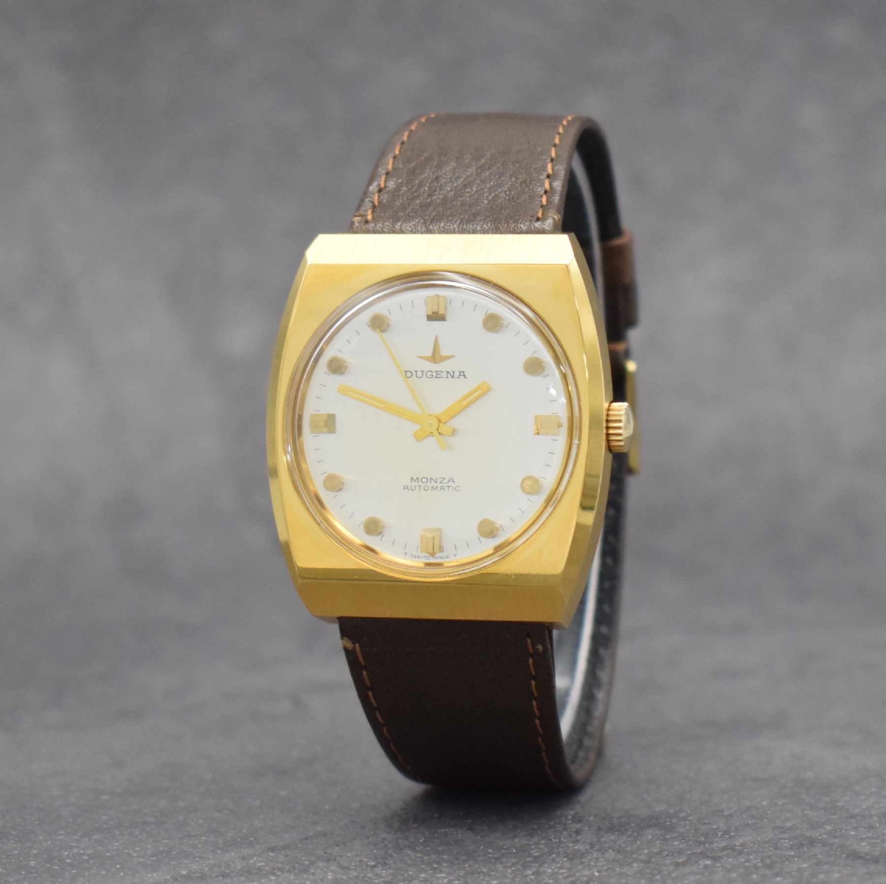 Detail g: Konvolut: 2 DUGENA Armbanduhren Serie Monza, Schweiz um 1980, beide verg. Metallgeh., Edelstahlböden verschr., silberne Zifferblätter m. aufgel. ...