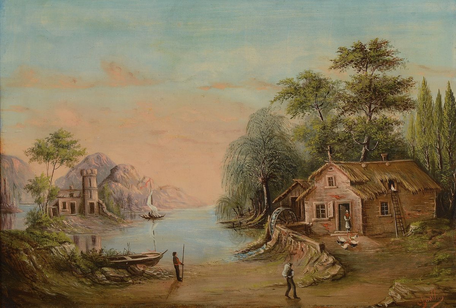 Unbekannter Künstler, 2. Hälfte 19. Jh., Bauernhaus an der Küste, Öl/Lwd, rechts unten unleserlich signiert, ca. 38x55cm, R. ca. 55x87cm
