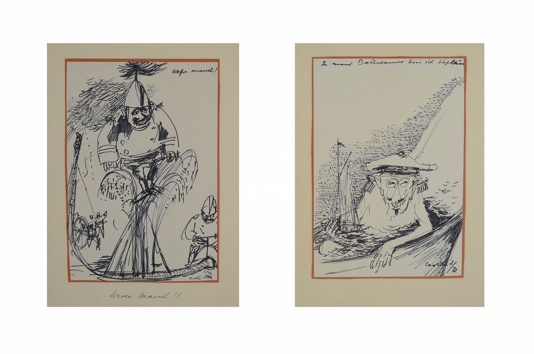 Carolus Vocke, 1899 Heilbronn - 1979 Mannheim, Kunstmaler, Karikaturist, Bildhauer und Restaurator, hier 6 z.T. humoristische Zeichnungen, Aquarell: ...