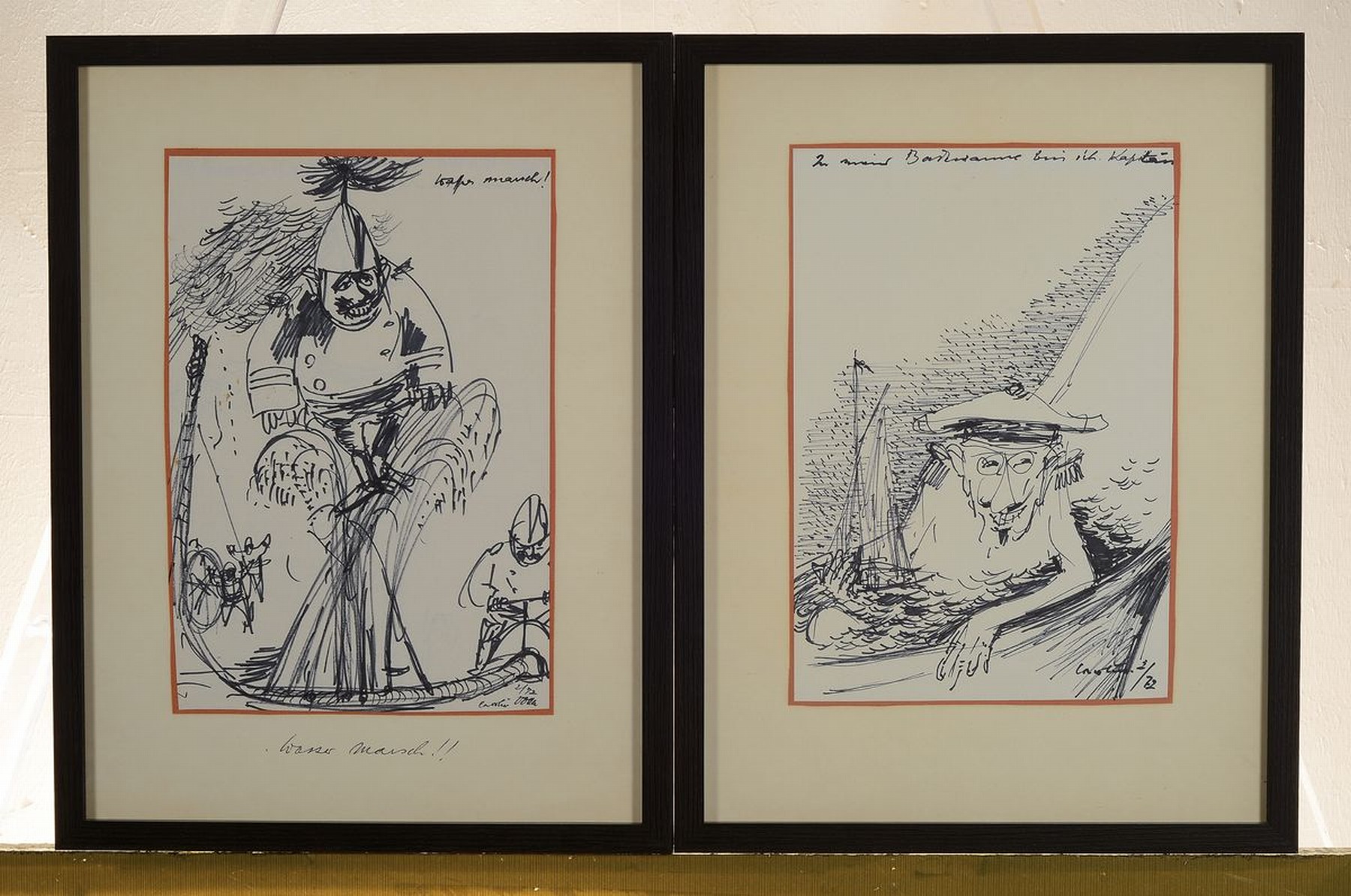 Detail k: Carolus Vocke, 1899 Heilbronn - 1979 Mannheim, Kunstmaler, Karikaturist, Bildhauer und Restaurator, hier 6 z.T. humoristische Zeichnungen, Aquarell: ...
